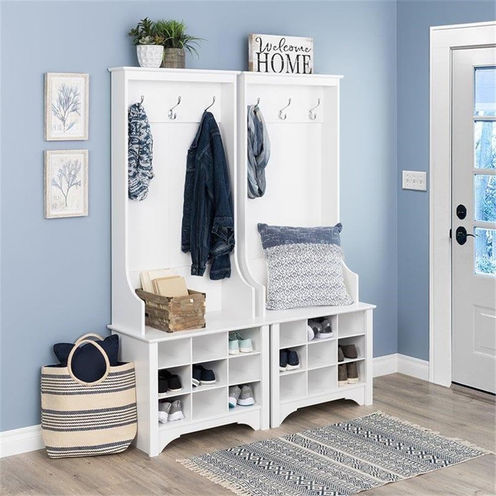 White Hall Tree with Shoe Storage - 9 Cubbies & 3 Double Coat Hooks - Entryway Organizer (15.5