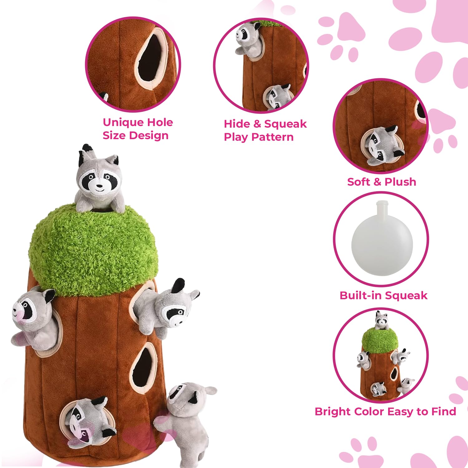 Interactive Plush Raccoon Hide and Seek Dog Toy with Squeaker - Fun Burrow Game for Small & Medium Dogs | Tree Trunk Design with Hidden Raccoon | Perfect for Indoor Play, Training & Stimulating Your Pet's Natural Hunting Instincts
