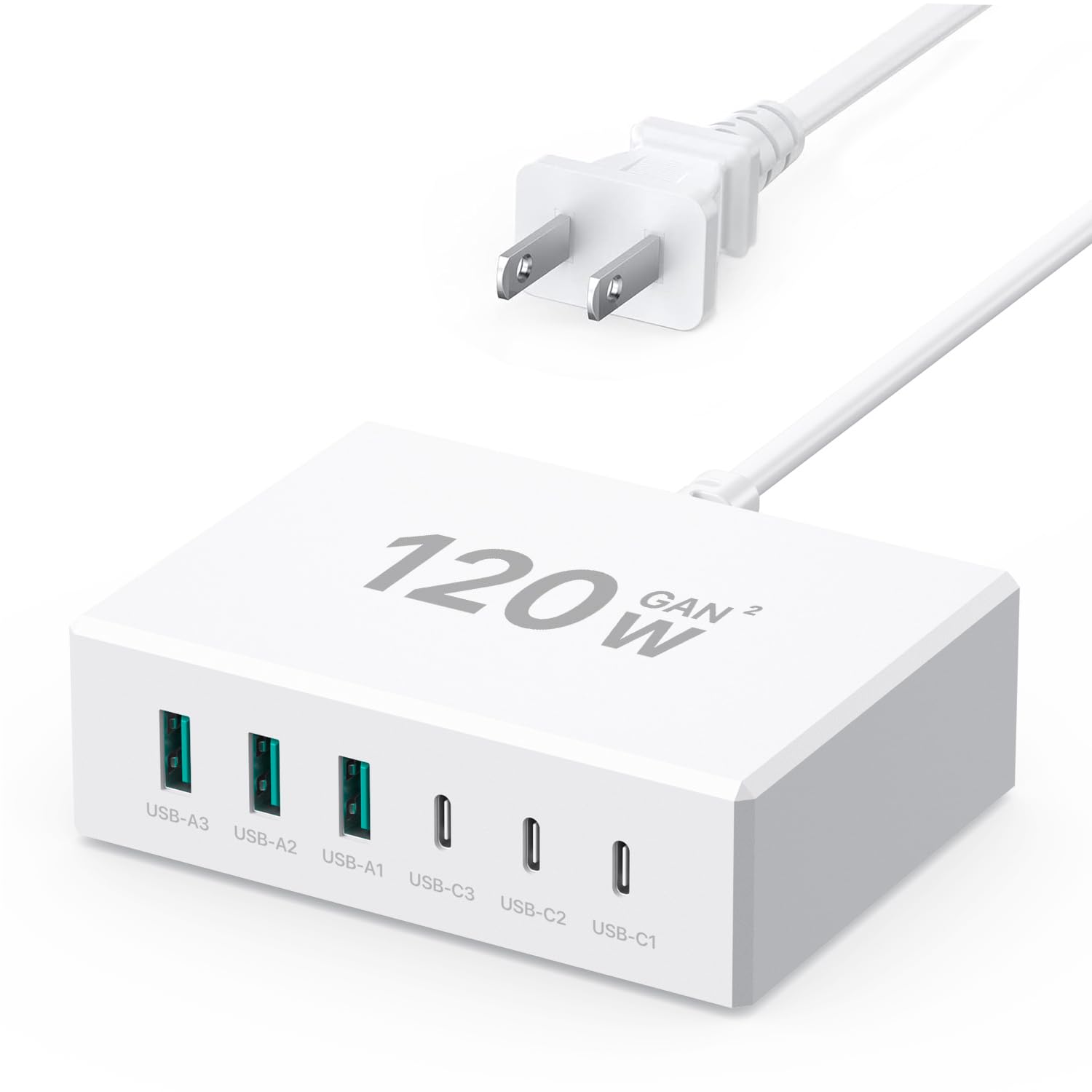 120W GaN USB C Charger with 6 Ports (3 USB-C + 3 USB-A) - Fast PD Charging Station for iPhone 15/14, Samsung Galaxy S23, Google Pixel, iPad, Tablets & Power Banks - Compact Desktop Charger for Home, Office & Travel (White)