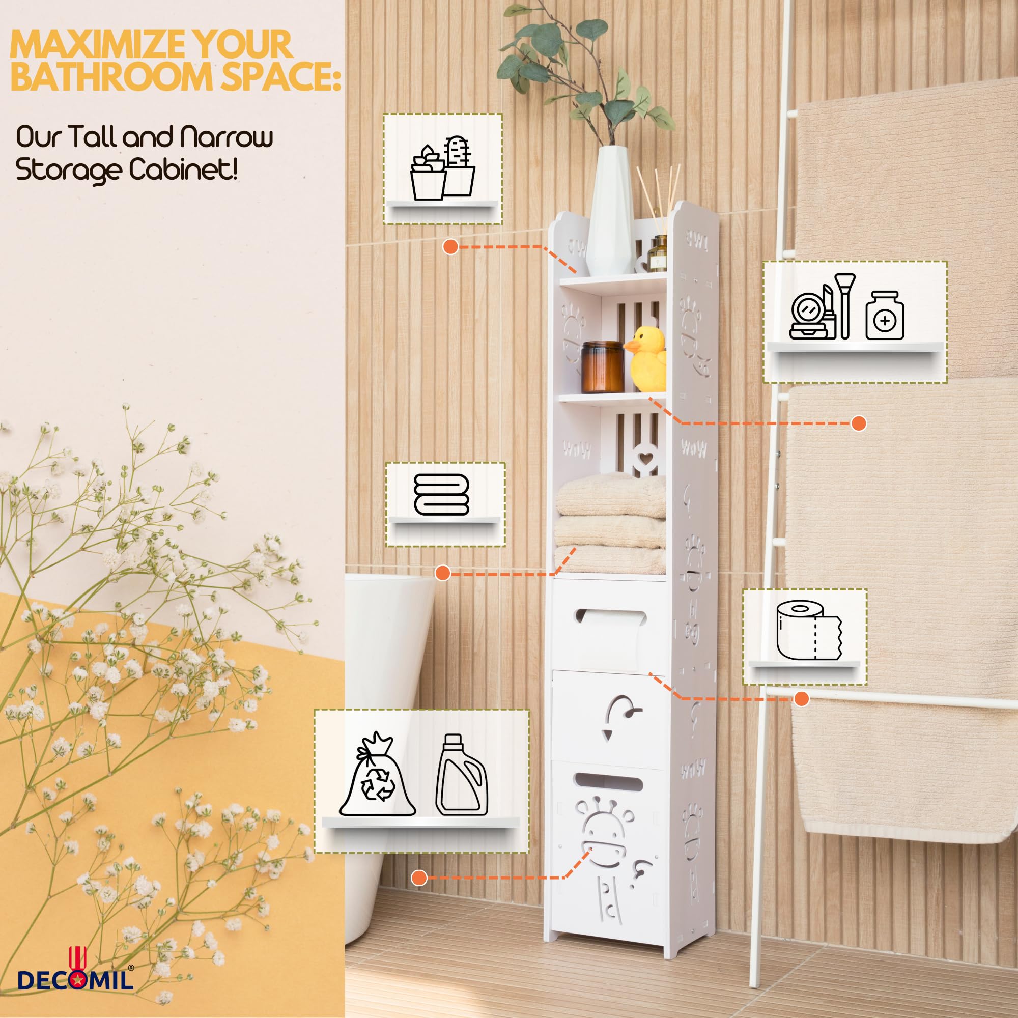 DECOMIL 3-Tier Kids Bathroom Storage Cabinet - Wooden PVC Floor Cabinet with Drawers, Waterproof & Space-Saving Organizer for Small Bathrooms - Cute Design for Kids Room & Nursery Organization (Perfect for Bath Toys, Towels & Toiletries Storage)