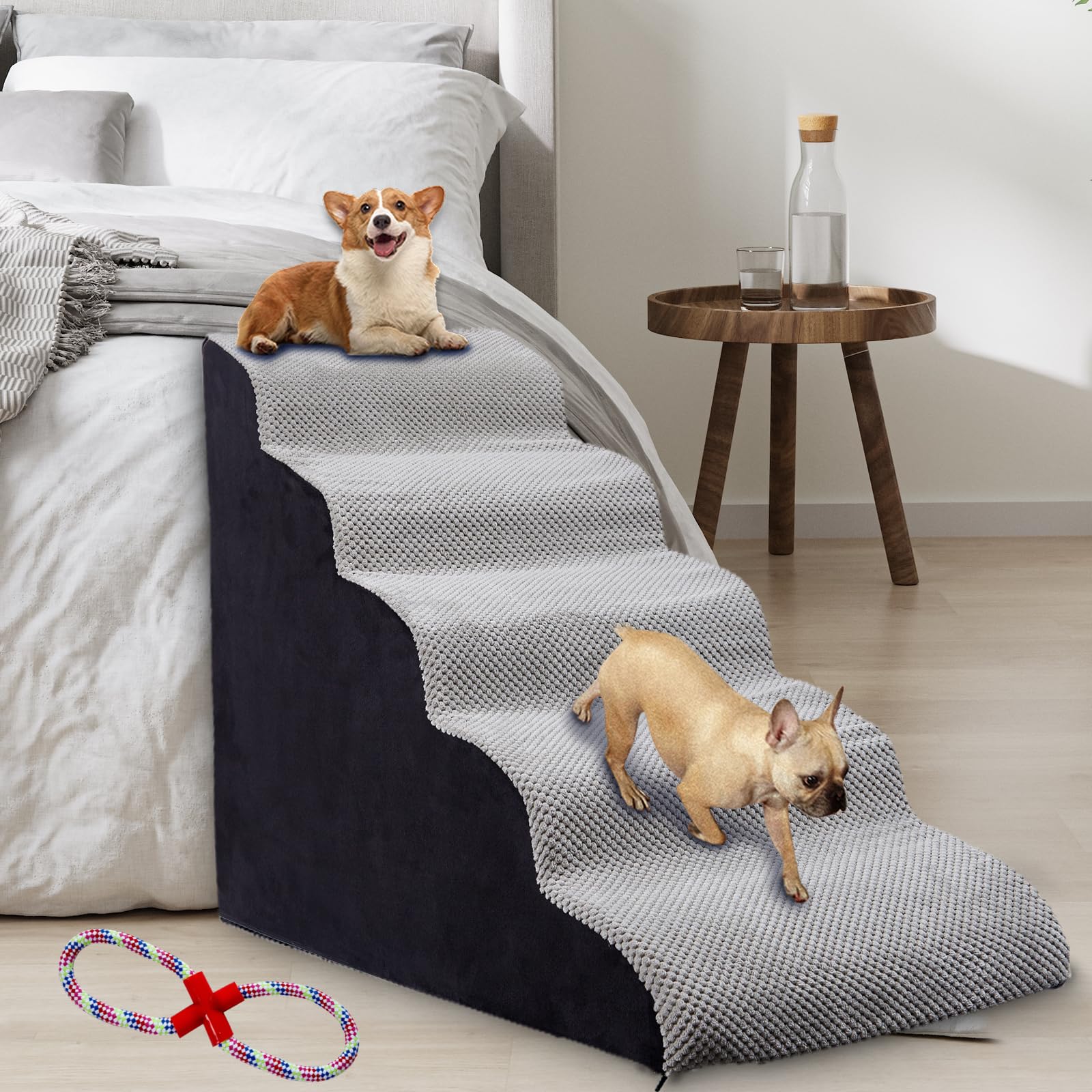 24 Inch High 5-Step Dog Stairs for Beds 24-28 Inches - Non-Slip Pet Steps for Small & Large Dogs - Light Grey - Perfect for High Beds, Couches & Furniture Access