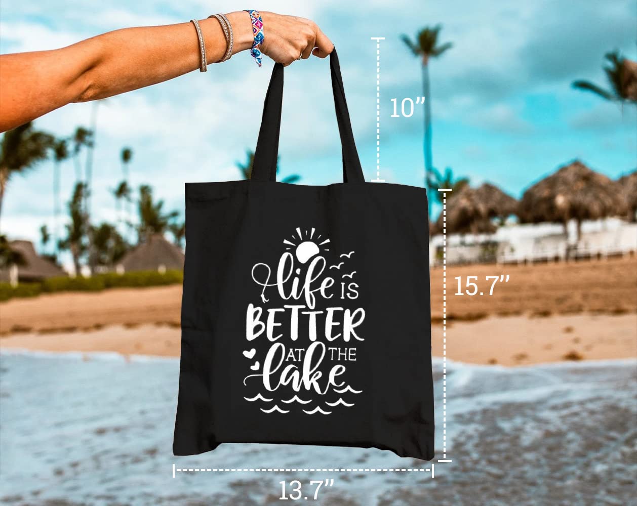 Stylish Reusable Canvas Tote Bag for Women - Eco-Friendly Grocery Shopping Shoulder Bag with 'Life Better at The Lake' Design, Perfect Gift for Girls & Best Friend | Great for Beach Trips, Farmers Market & Daily Errands