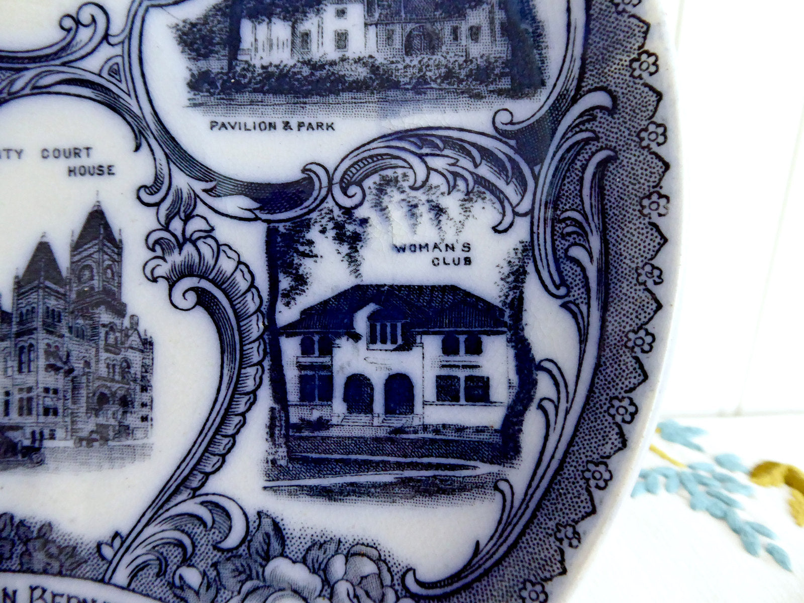 Antique English Flow Blue Transferware Plate - San Bernardino California 1890s Victorian Style for Home Decor & Collectibles