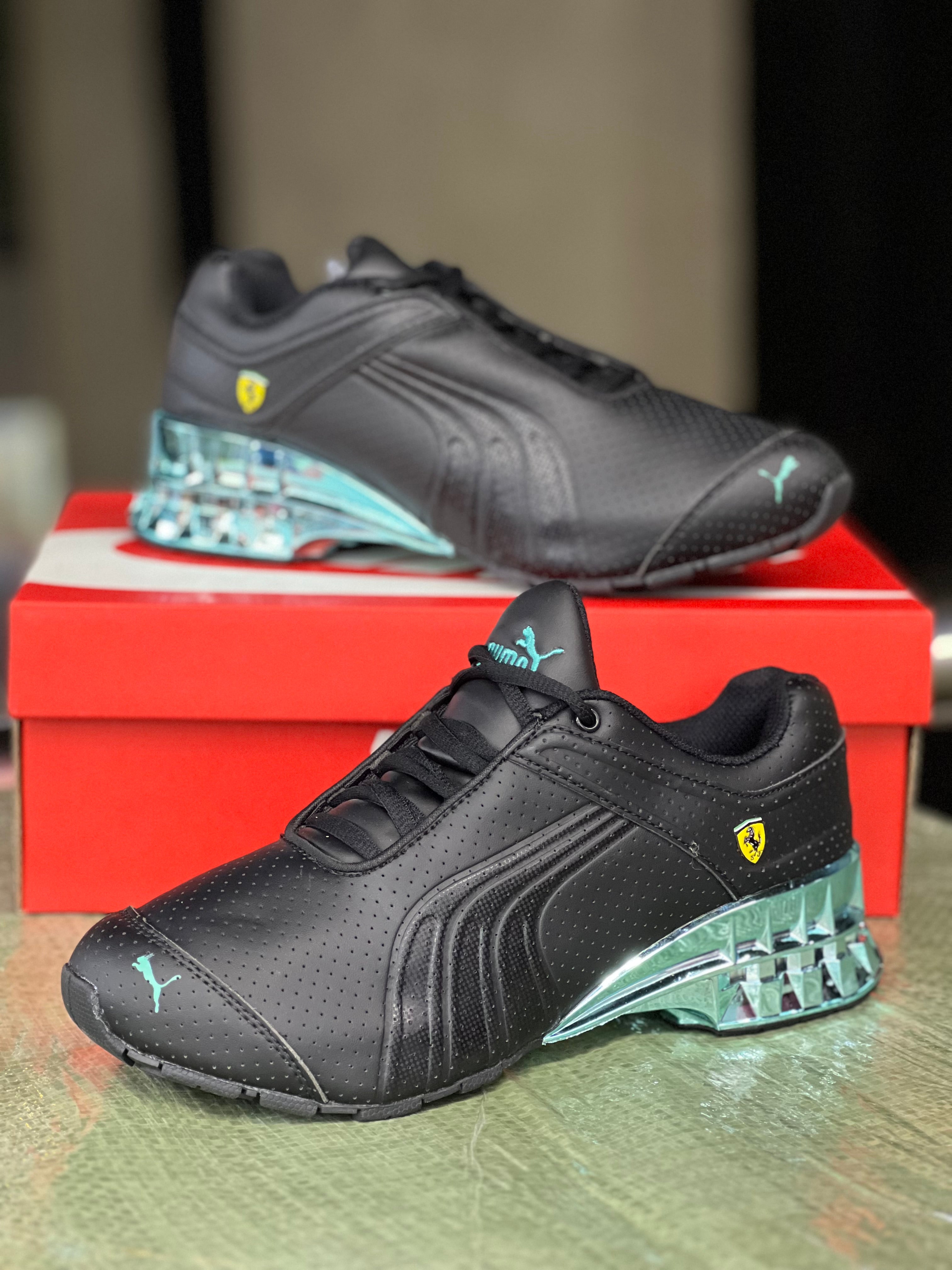 Puma x Ferrari Men's Running Shoes - Black/Emerald Green Sneakers for Jogging, Gym & Casual Wear | High-Performance Athletic Footwear