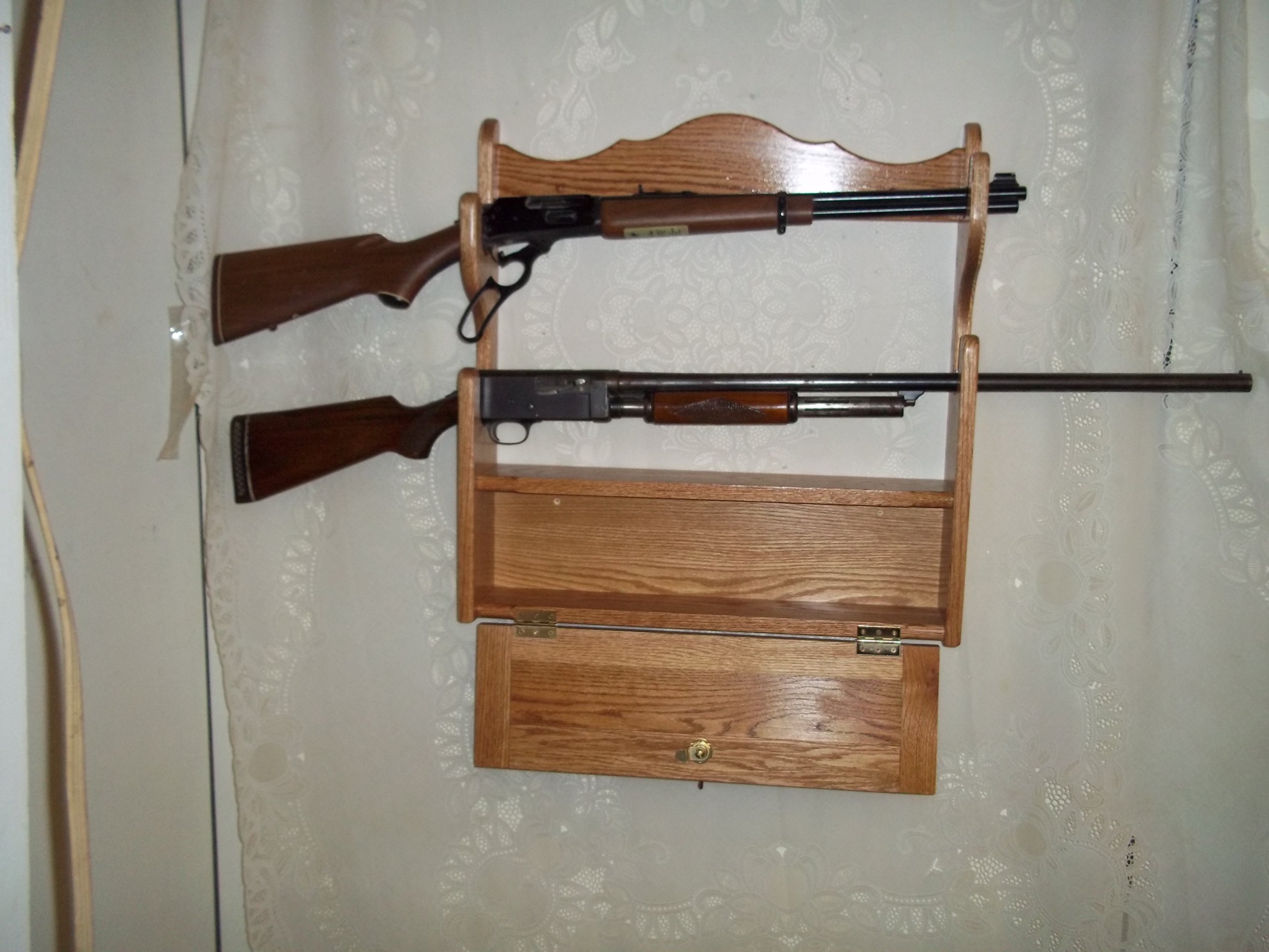 2 Gun Rack with Locking Storage Compartment - Golden Oak Finish | Secure Wall Mounted Rifle Holder for Home & Cabin Protection | Perfect for Hunting, Shooting Range & Firearm Storage