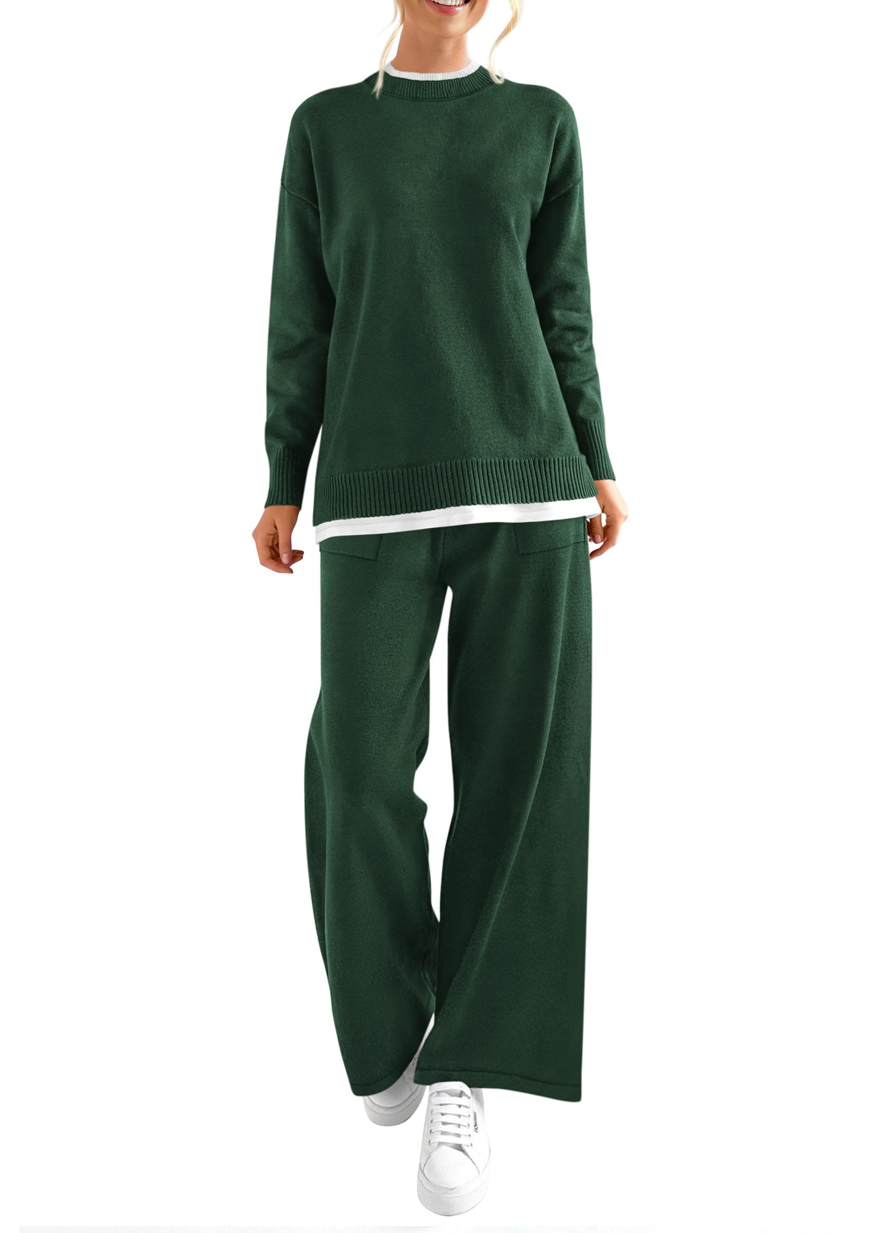 PRETTYGARDEN Women's Winter Knit Sweater & Wide Leg Pants Lounge Set - Cozy Two Piece Matching Outfit with Long Sleeve Pullover Top for Home, Travel & Casual Wear