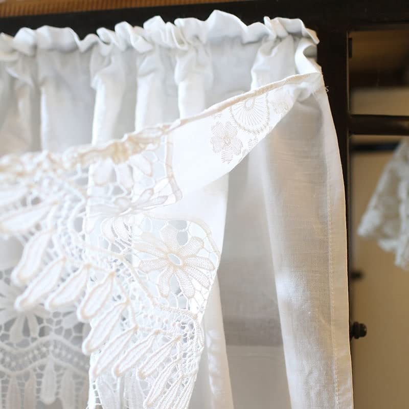 White Cotton Cafe Curtains for Kitchen - Short Valance with Hollow Lace Design, European Style Window Treatment (50x85 cm/20x33 in) - Perfect for Small Windows, Coffee Shops & Cozy Home Decor