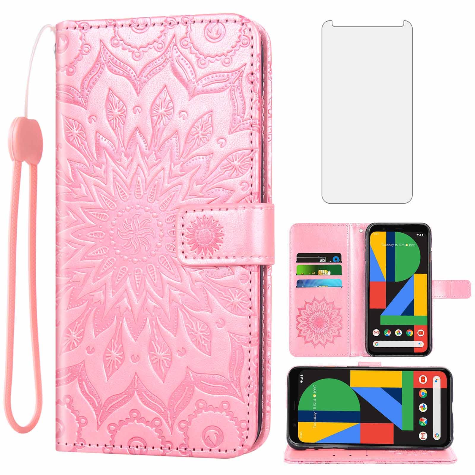 Google Pixel 4 Wallet Case with Screen Protector - Slim Leather Magnetic Flip Cover for Women (Rose Gold) | for Cards & Stand