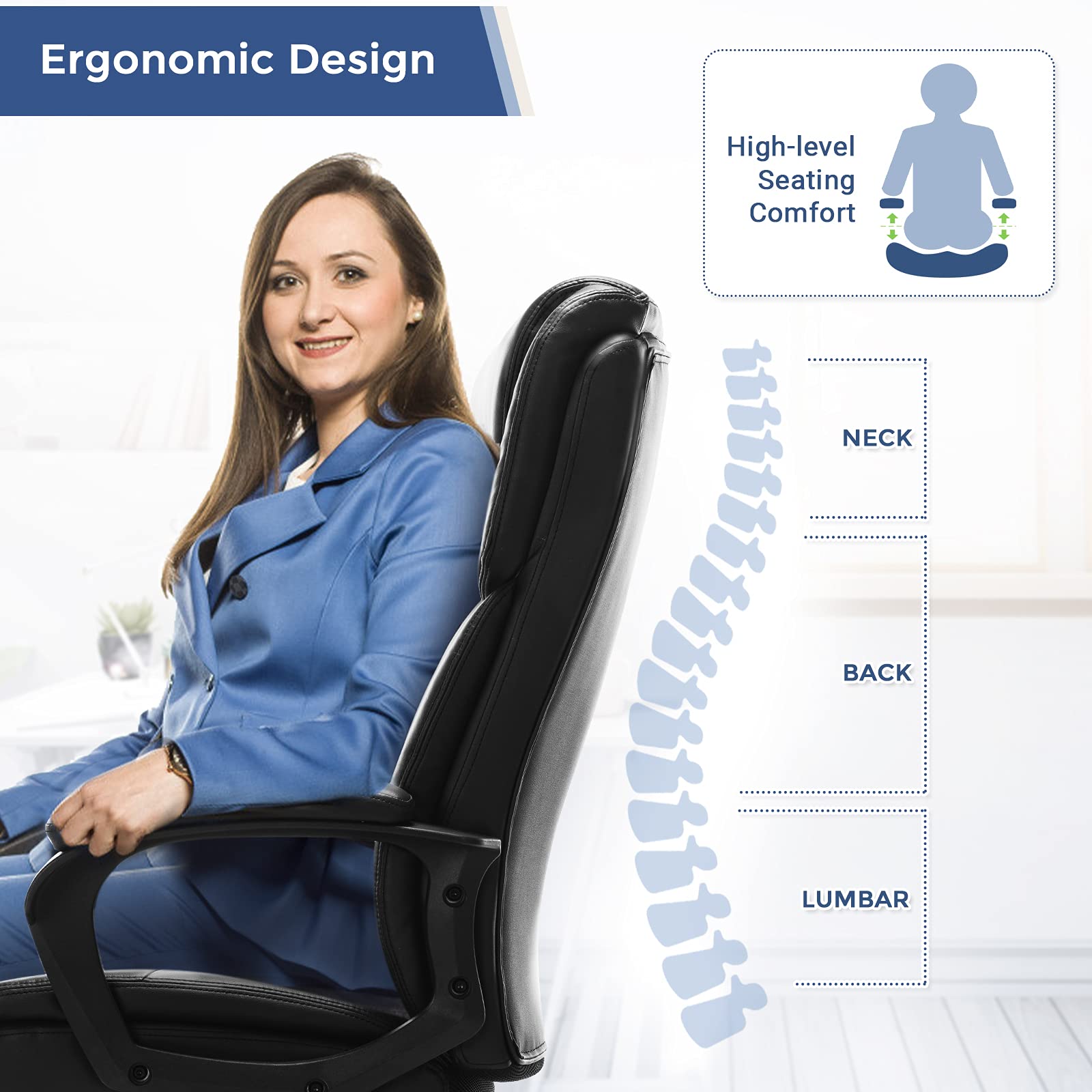Premium High Back Executive Office Chair - Adjustable Ergonomic Managerial Swivel Task Chair with Lumbar Support, PU Leather, Rolling Casters - Perfect for Home Office, Computer Work & Conference Rooms (Black)