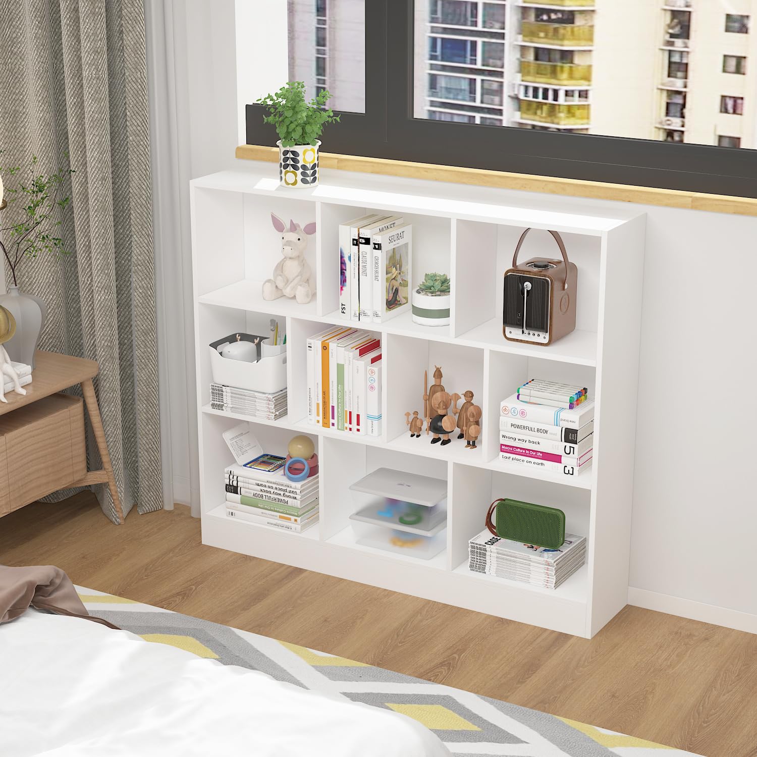 AIEGLE 10-Cube Bookshelf - 3-Tier Wooden Cube Storage Shelf, Modern Floor Standing Bookcase for Kids Bedroom, Living Room & Office - White (47.2
