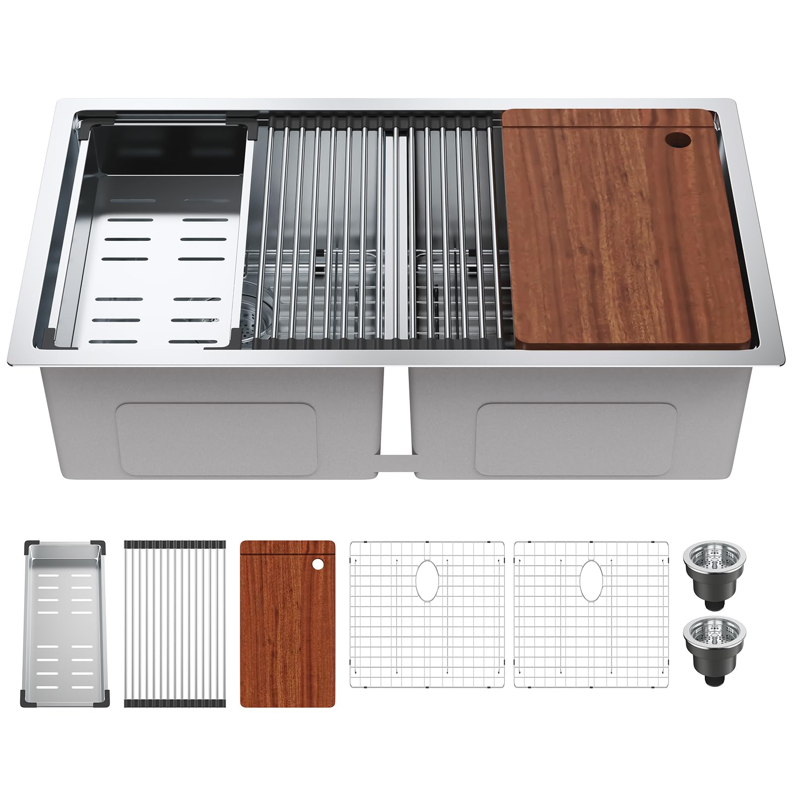 VEVOR 33 Inch 304 Stainless Steel Double Bowl Kitchen Sink - Undermount/Drop-In Design with Ledge & Accessories - Durable Workstation, RV, Prep Kitchen & Bar Sink for Dishwashing & Food Preparation
