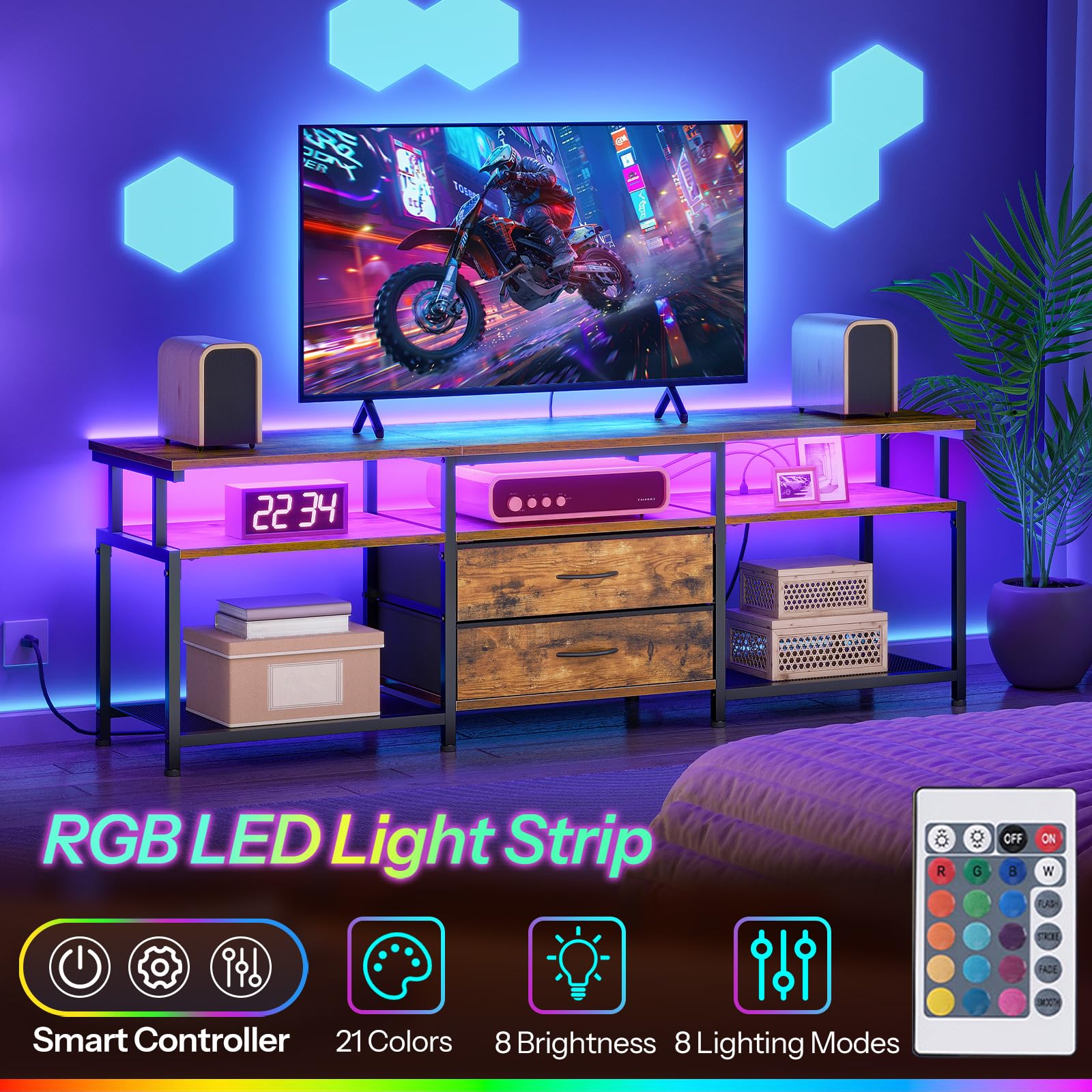 HOOBRO 75 Inch TV Stand with Power Outlet & LED Lights - Modern Rustic Brown Entertainment Center with 2 Non-Woven Drawers - Perfect for Living Room, Bedroom Home Theater Setup (Model BF55UDDS01)