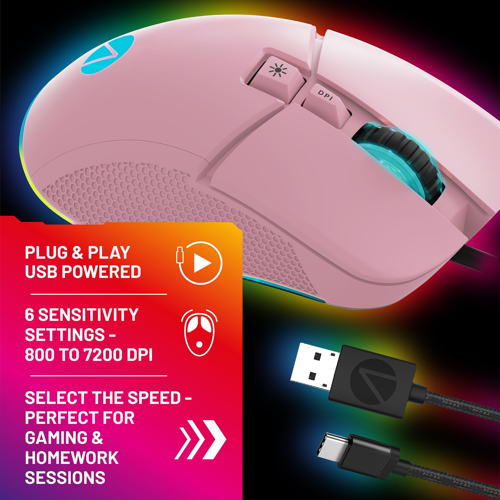 STEALTH Pastel Pink LED Gaming Mouse with 7 Programmable Buttons - Wired USB for PC, PS4, PS5, Xbox | Ergonomic Design for FPS, MMO, MOBA Games & Office Work