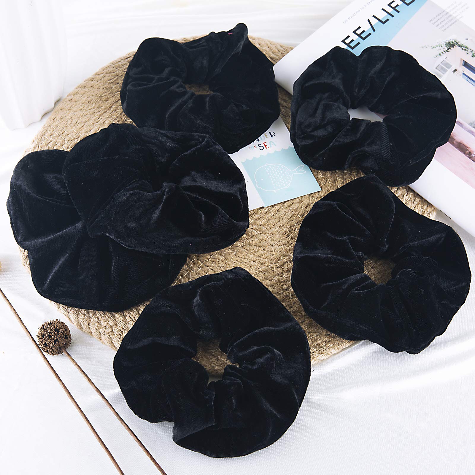 FAMEZA 6 Pack Black Velvet Scrunchies - Extra Large Soft Hair Ties for Women & Girls, No Crease Hair Bands, Gentle on Hair (Perfect for Thick Hair, Workouts, Gifts & Everyday Use)