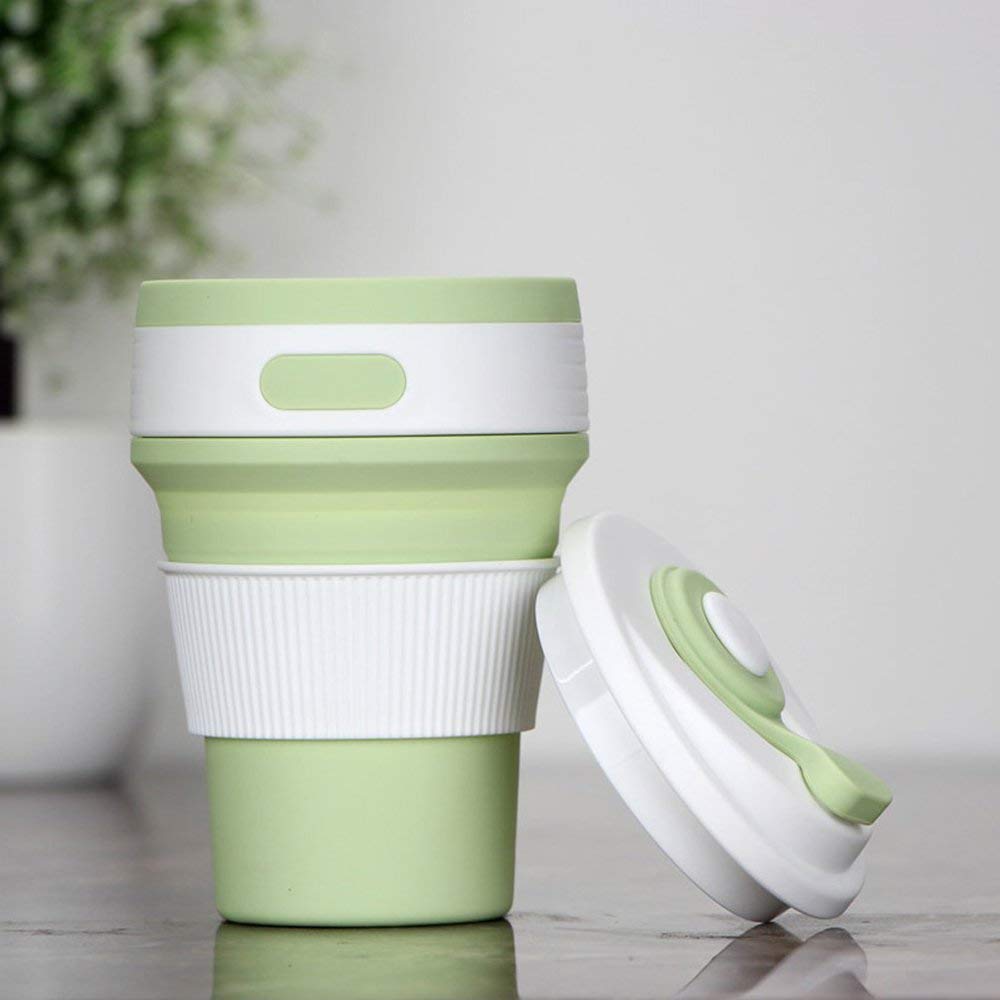 Collapsible Travel Cup with Lid - Leakproof Silicone Drinking Mug for Water, Coffee & Tea - Portable for Hiking, Camping, Picnics & Outdoor Adventures - BPA Free & Eco-Friendly (Green)