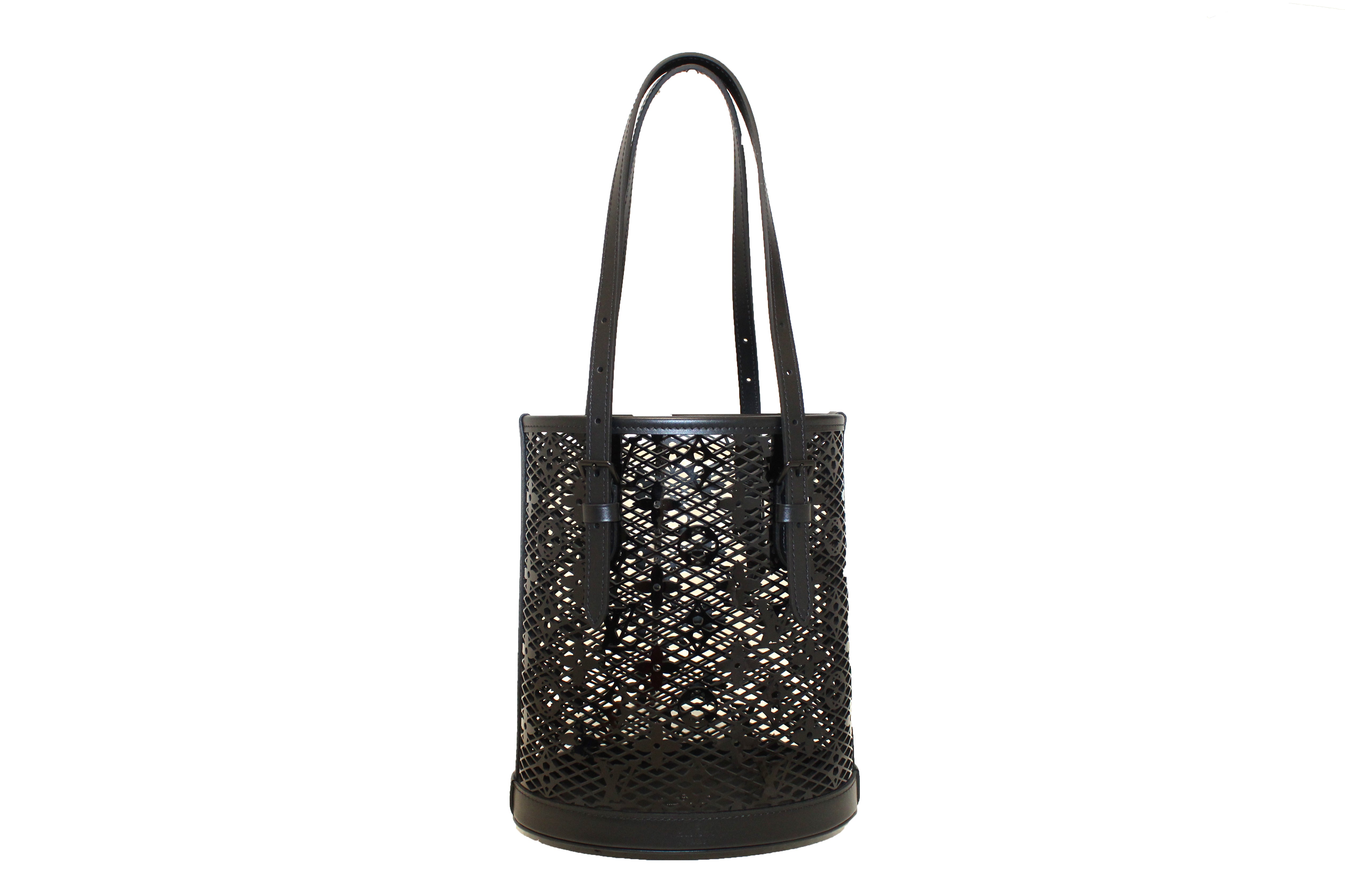 Authentic Louis Vuitton Limited Edition Nicolas Ghesquiere Monogram Lace Black Patent Leather Bucket Bag - Luxury Designer Shoulder Bag for Women, Perfect for Parties, Weddings & Special Occasions