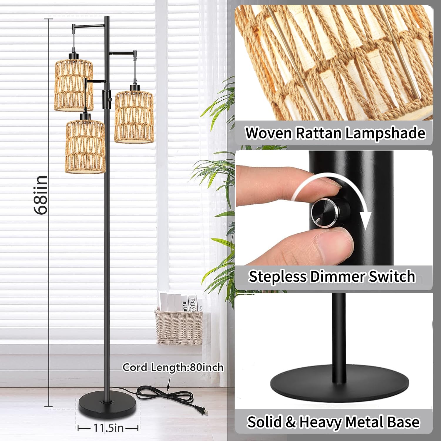 Boho Floor Lamp for Living Room & Bedroom - 3-Light Dimmable Standing Lamp with LED Bulbs, Rustic Tall Tree Design in Black - Perfect for Home Office, Corner Decor & Cozy Ambiance Lighting