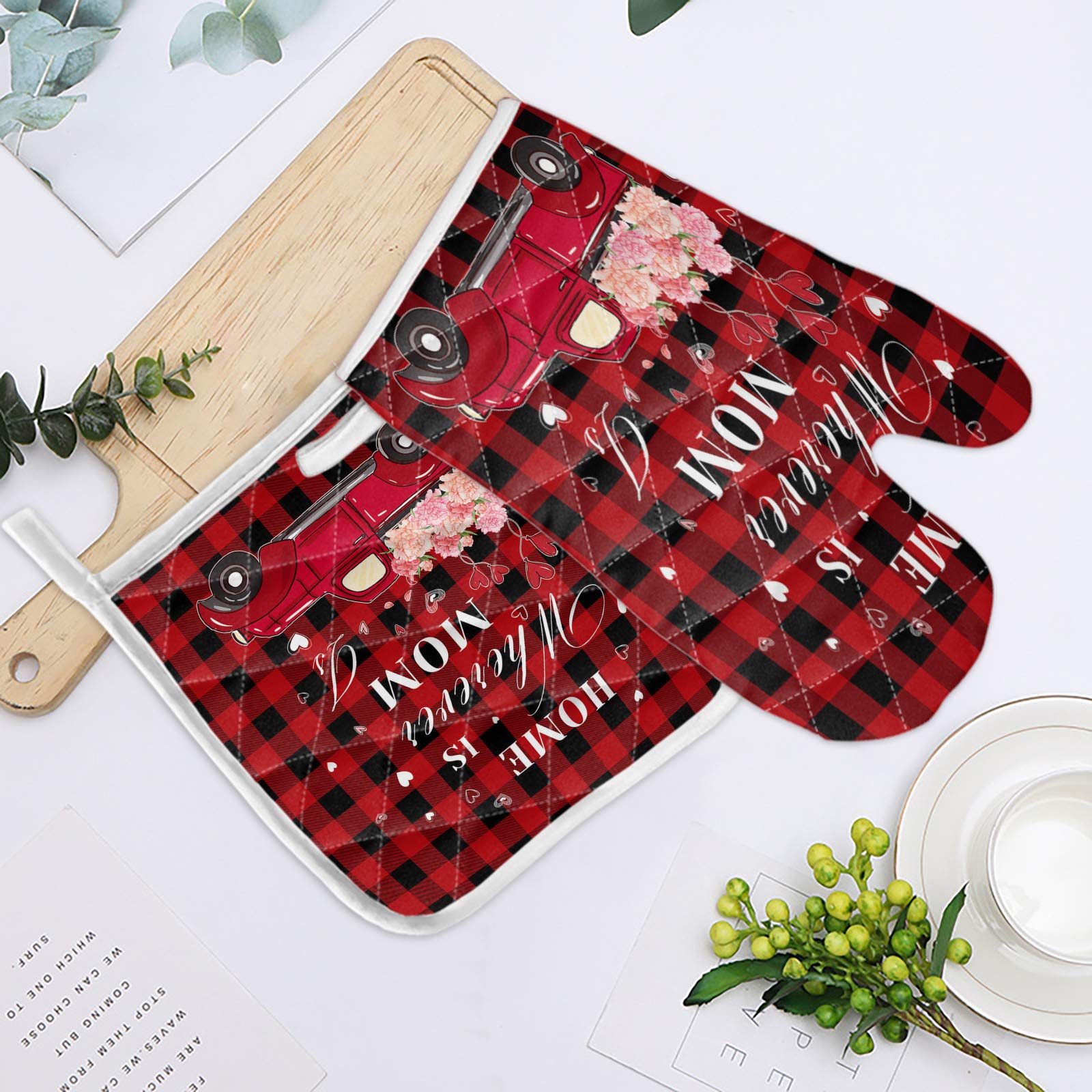 Heat Resistant Oven Mitts and Potholders Set - 2 Pcs Buffalo Check Kitchen Gloves with Cotton Infill for Cooking, Baking & Grilling - Perfect for Mothers Day Gifts & Home Kitchen Use