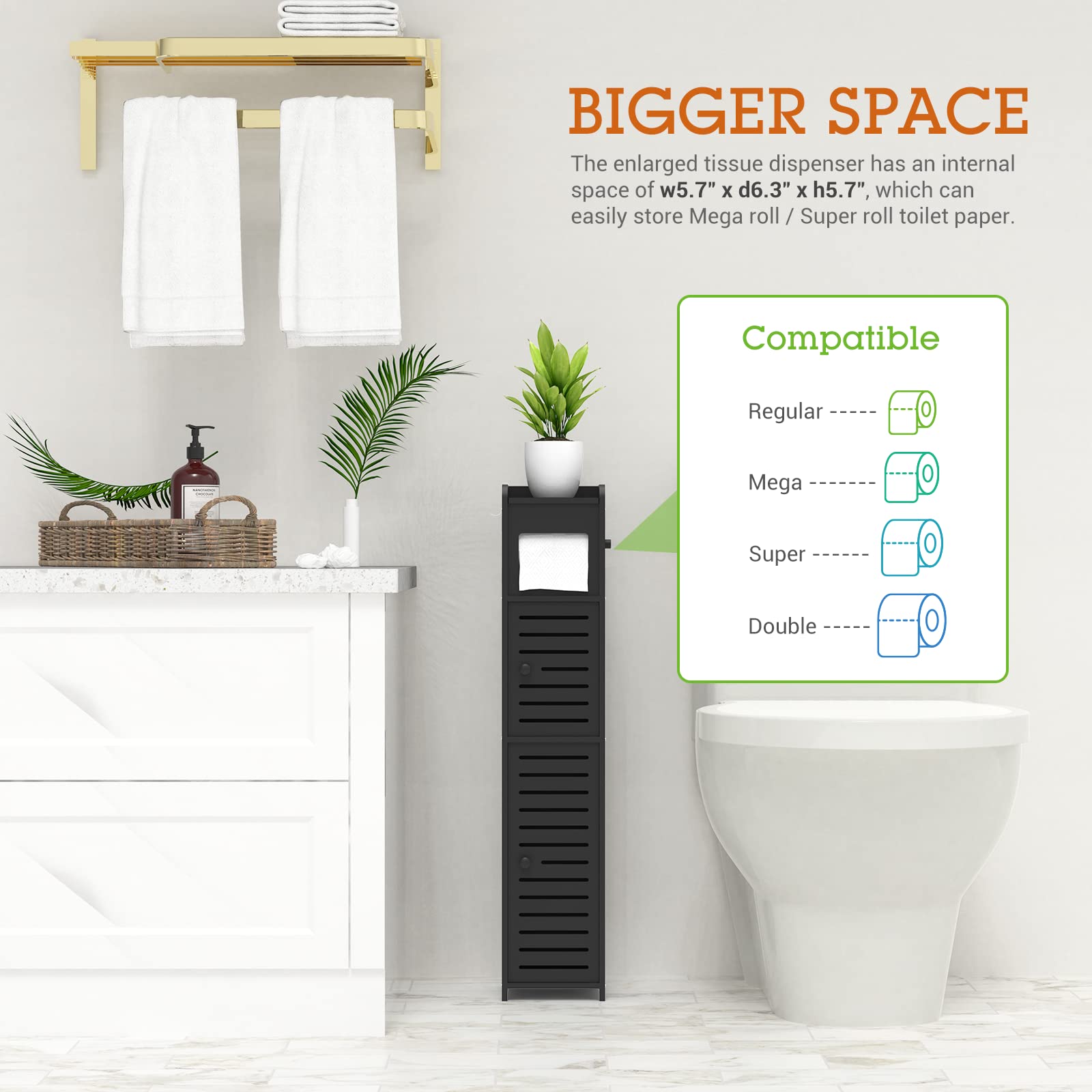 Waterproof 4-Tier Narrow Bathroom Storage Cabinet with Doors & Shelves - Space-Saving Toilet Paper Organizer for Small Bathrooms & Corners (Frosted Black) | Perfect for Apartments, Dorms & Compact Bathrooms