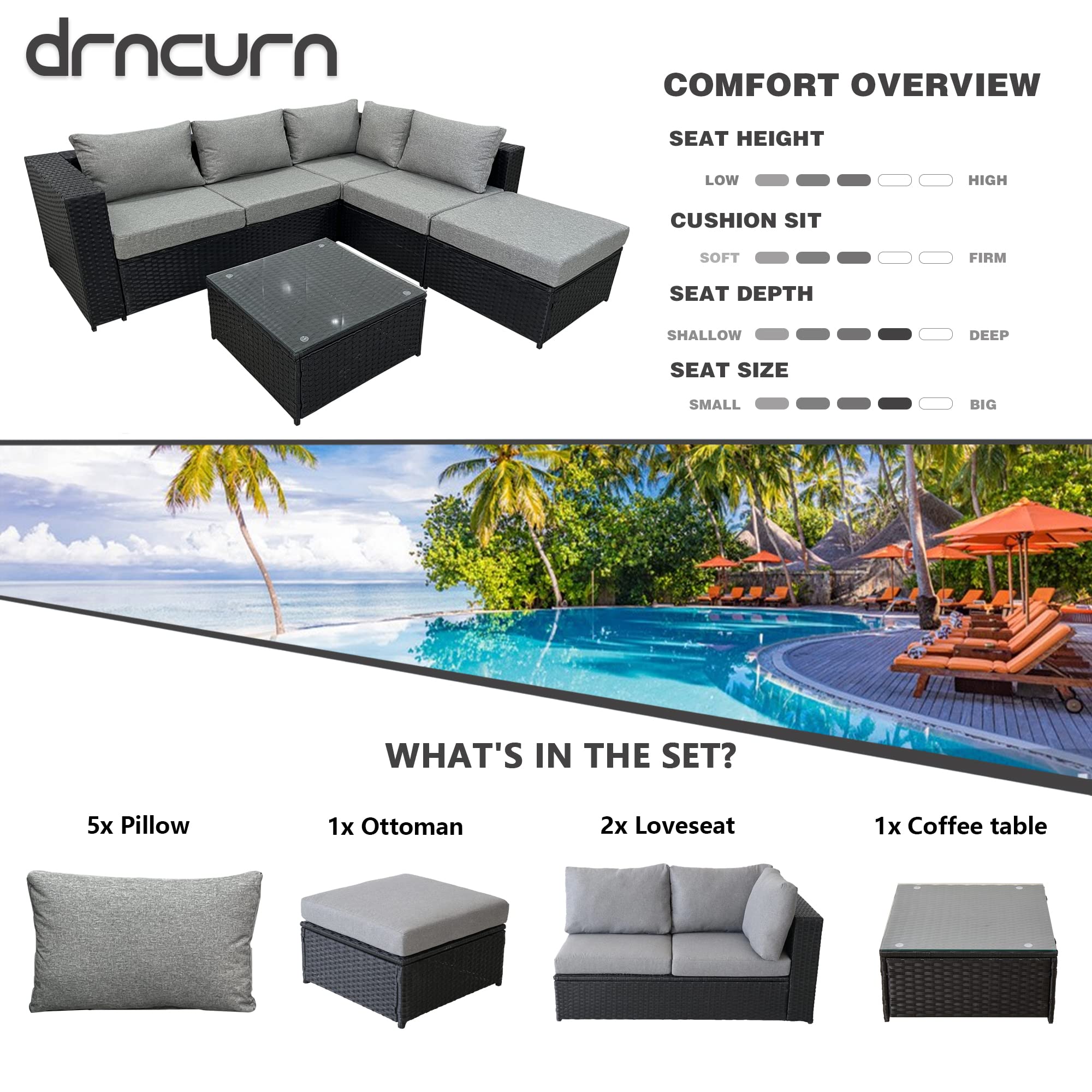 All-Weather Outdoor Sectional Sofa Set - PE Rattan Patio Furniture with Cushions & Coffee Table (Grey) - Perfect for Backyard, Poolside & Garden Relaxation
