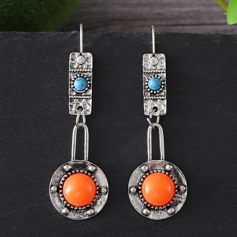 Boho Silver Ethnic Hammered Turquoise Stone Dangle Earrings for Women - Handmade Bohemian Jewelry Gift, Geometric Earrings for Casual & Festival Wear