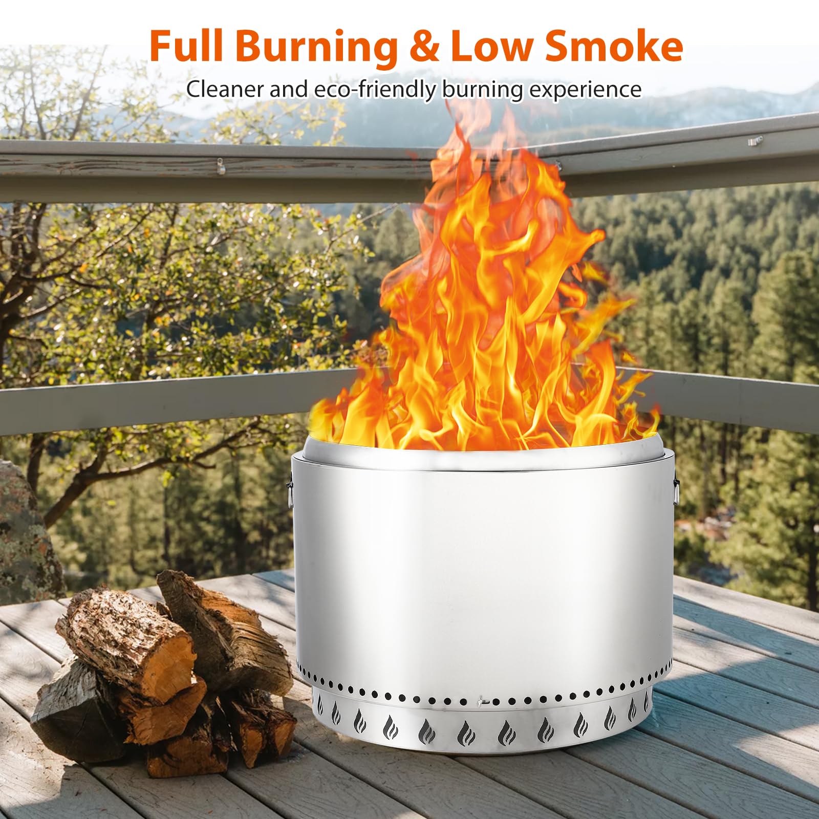 GARVEE 27 Inch Smokeless Fire Pit with Air Switch - Portable Stainless Steel Wood Burning Fire Pit for Outdoor Camping, Backyard, Patio & Picnic - Includes Fixed Stand, Stove Hook & Ash Pan - 20