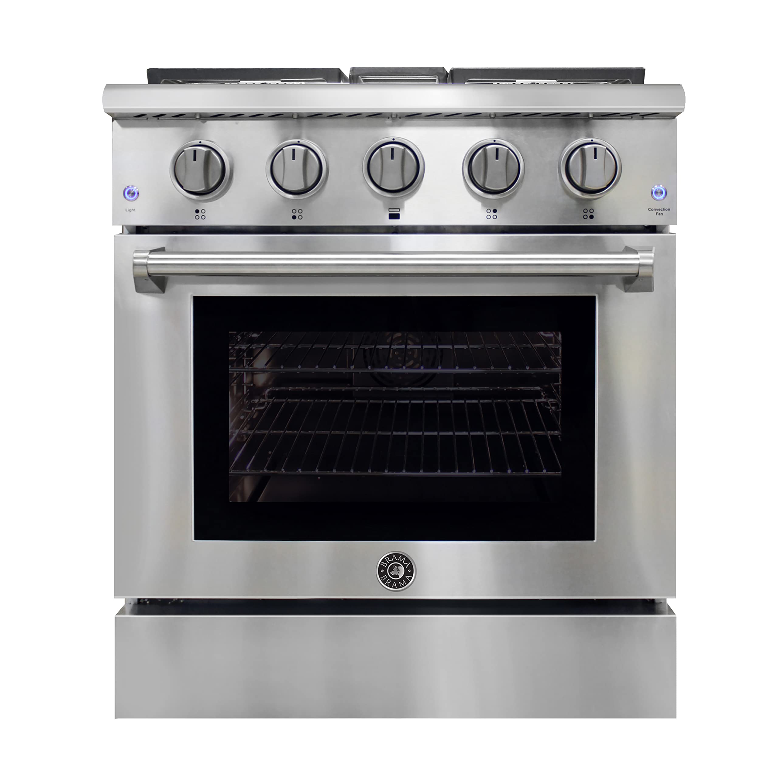 BRAMA 30-Inch Freestanding Gas Range with 4 Burner Cooktop - 4.2 Cu.Ft. Convection Oven, Broil Function & Continuous Cast Iron Grates - Stainless Steel Construction for Modern Kitchens - Perfect for Home Cooking, Baking & Entertaining