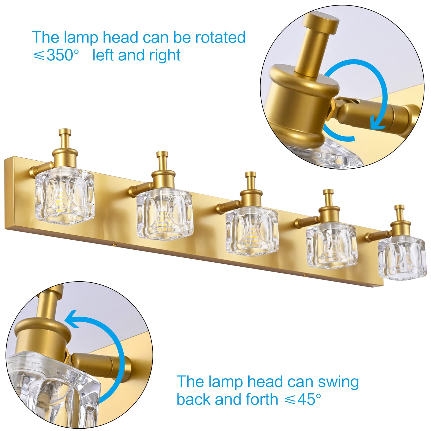 Modern Crystal Vanity Light Fixture - 5-Light Gold Bathroom Wall Sconce for Mirror Lighting, Elegant Bathroom Decor (Bulbs Not Included) - Perfect for Master Bath, Powder Room & Spa-Style Vanity Areas