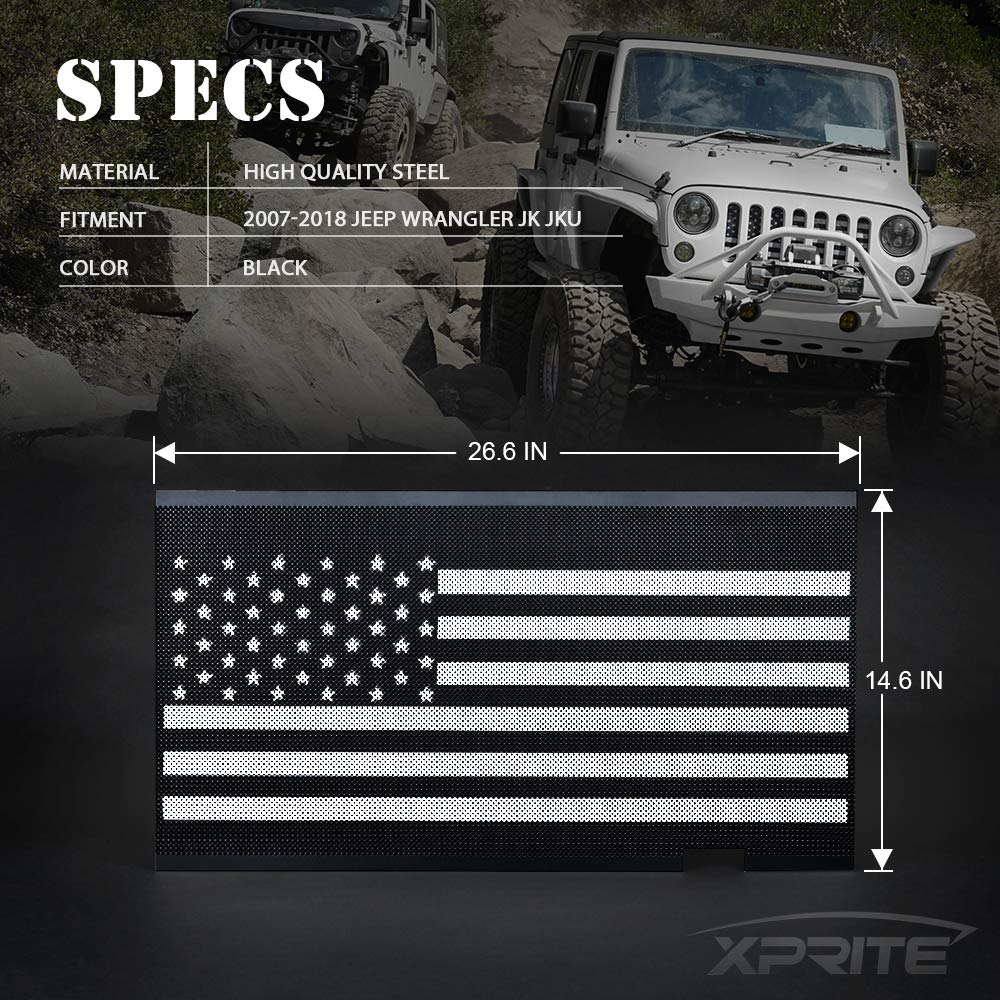 Xprite Aluminum Alloy Grill Insert Mesh with Black & White American Flag - Compatible with 2007-2018 Jeep Wrangler JK Stock Grille | Off-Road Accessory for Jeep Enthusiasts & Patriotic Style Upgrade