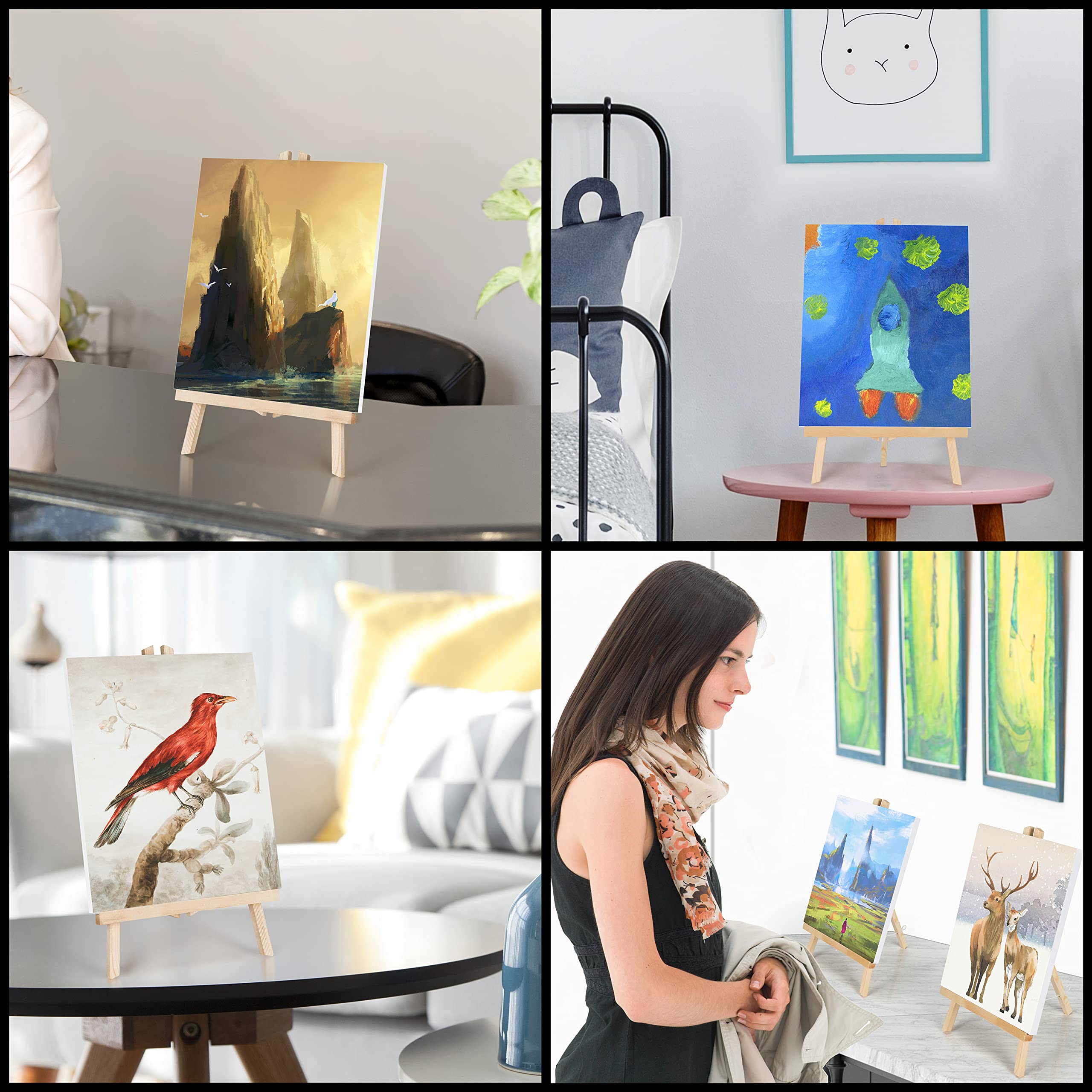 Belle Vous 4-Pack Small Wooden Tabletop Easel Stand with Canvas - 21.5x37cm (8.46x14.57in) Mini A-Frame Display Tripod for Acrylic/Oil Painting, Artwork & Crafts - Perfect for Home Decor, Studio Display & Gift Giving