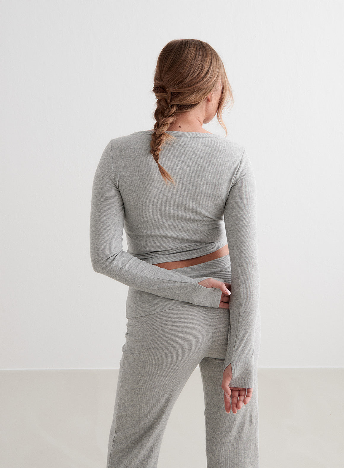 Grey Melange Ribbed Long Sleeve T-Shirt for Women - Soft Stretchy Comfort Fit Casual & Layering Essential