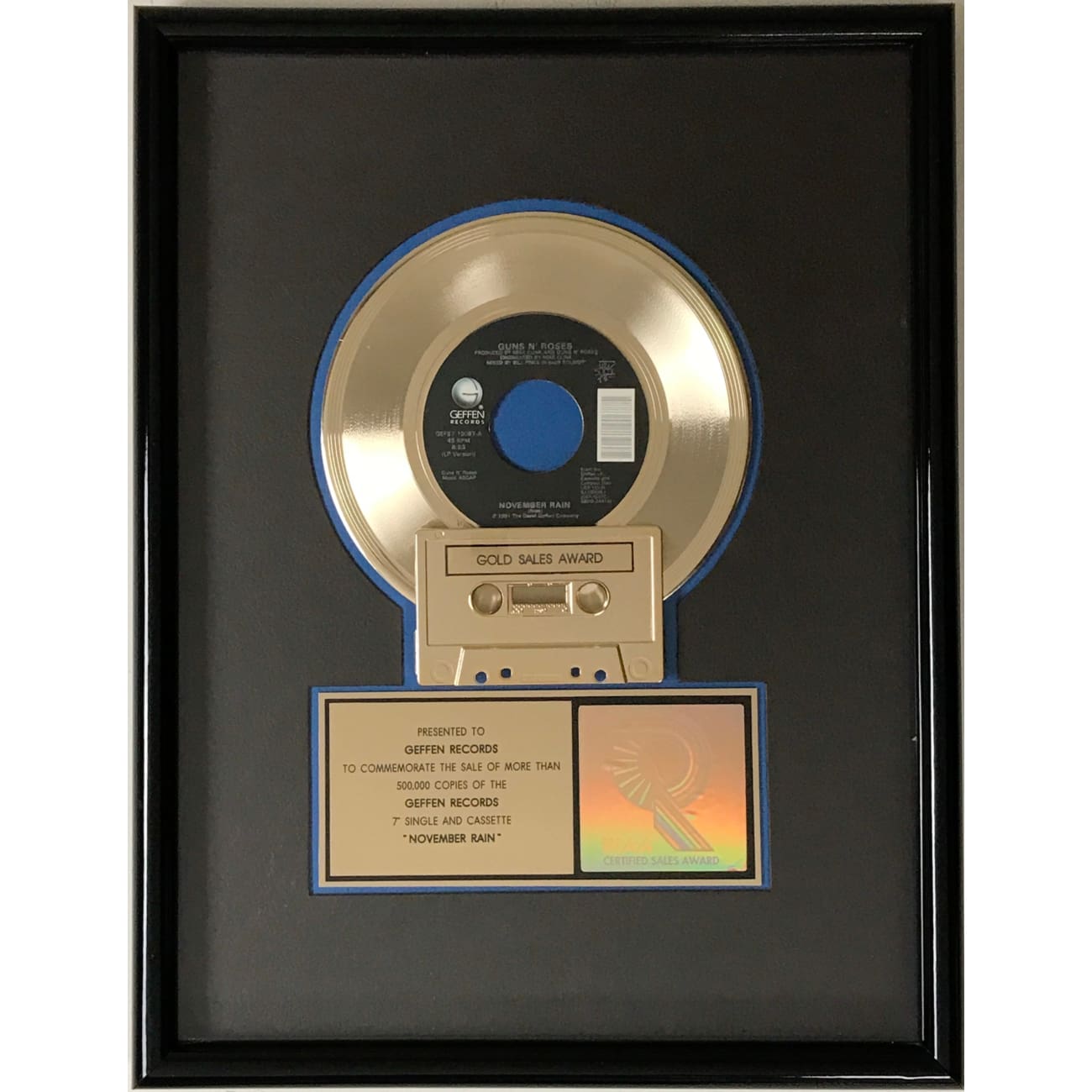 Guns N' Roses November Rain RIAA Gold Single Award Plaque - Certified Music Memorabilia for Collectors & Fans - Perfect for Display in Home, Office, or Music Room