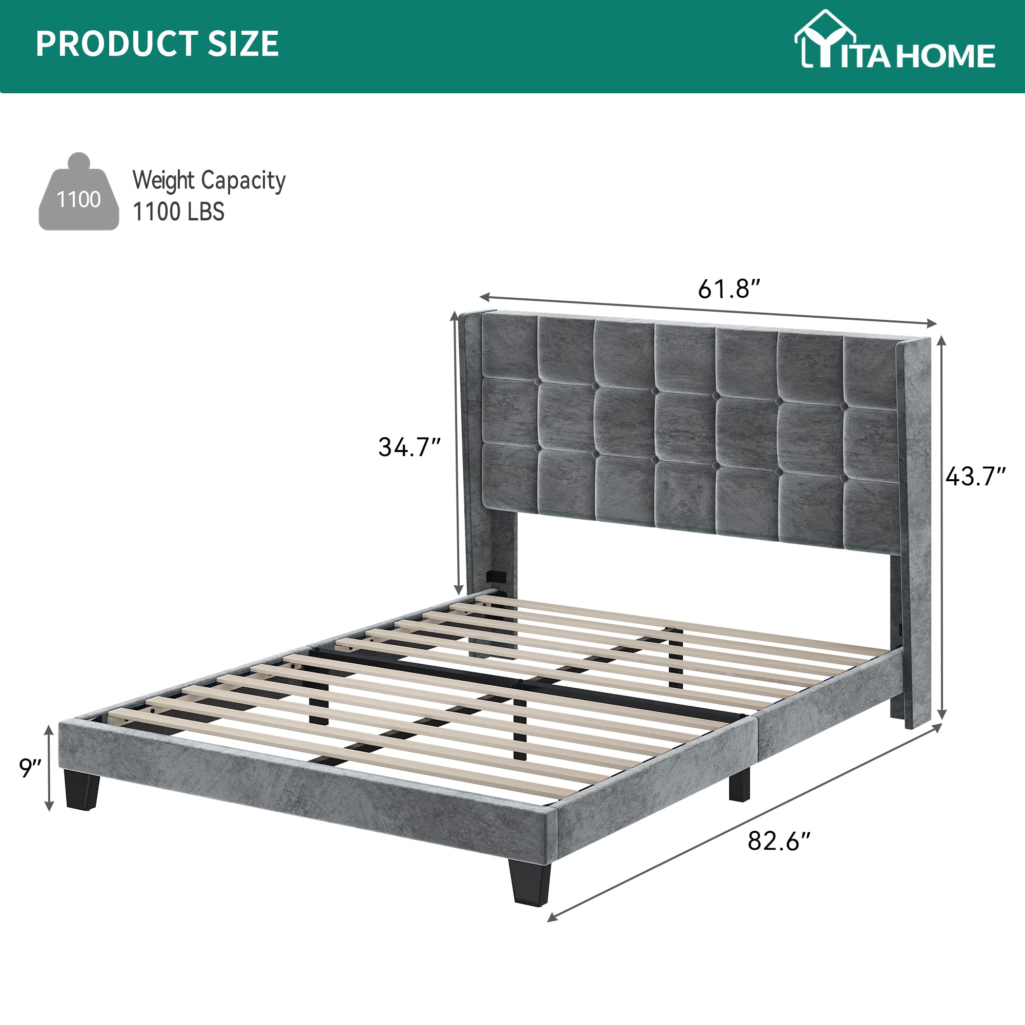 YITAHOME Queen Size Upholstered Bed Frame with Grey Velvet Tufted Headboard - Platform Bed Base with Wood Slat Support, No Box Spring Needed - Luxury Bedroom Furniture for Master Bedroom or Guest Room