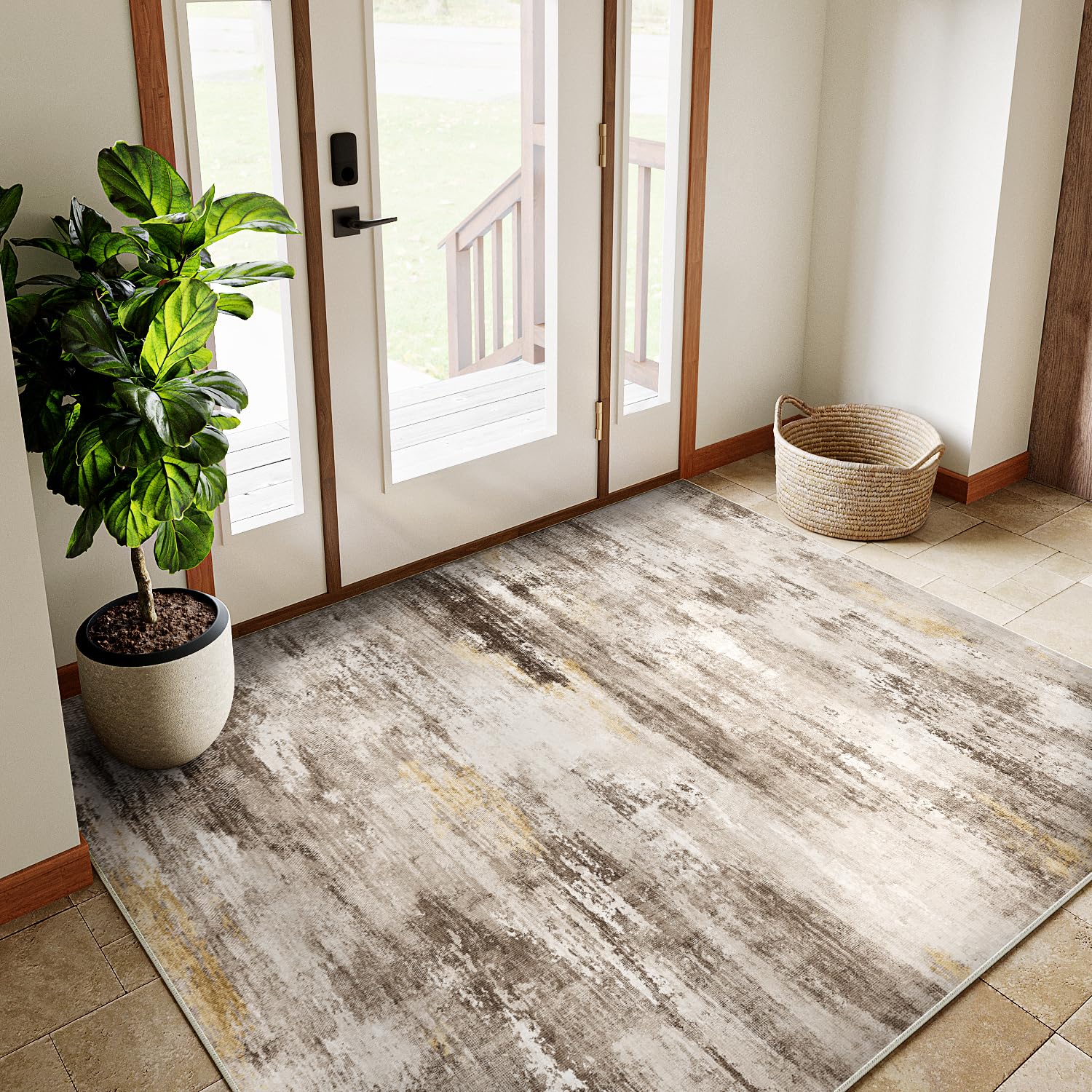 Modern Abstract 5x7 Brown Washable Area Rug - Non Slip Low Pile Neutral Throw Carpet for Living Room, Bedroom, Dining Room & Office - Perfect for Home Decor, Accent Flooring and Cozy Spaces
