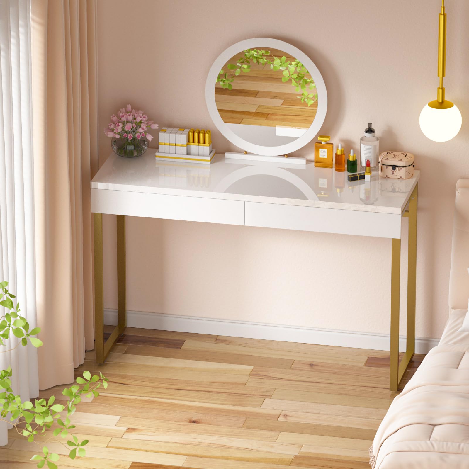 GreenForest 47-inch White Vanity Desk with 2 Drawers & Glossy Top - Gold Metal Legs Makeup Dressing Table for Small Spaces, Easy Clean Home Office & Bedroom Furniture - Perfect for Cosmetics Storage, Workstation & Beauty Routine