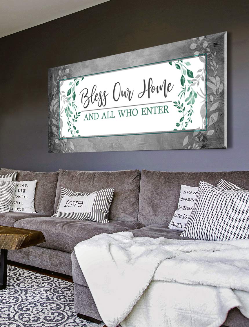 Bless Our Home Sign - Large Canvas Wall Art for Front Door & Entryway Decor, Housewarming Gift (Green, 42x19) - Perfect for Living Room, Bedroom & Home Interior Design