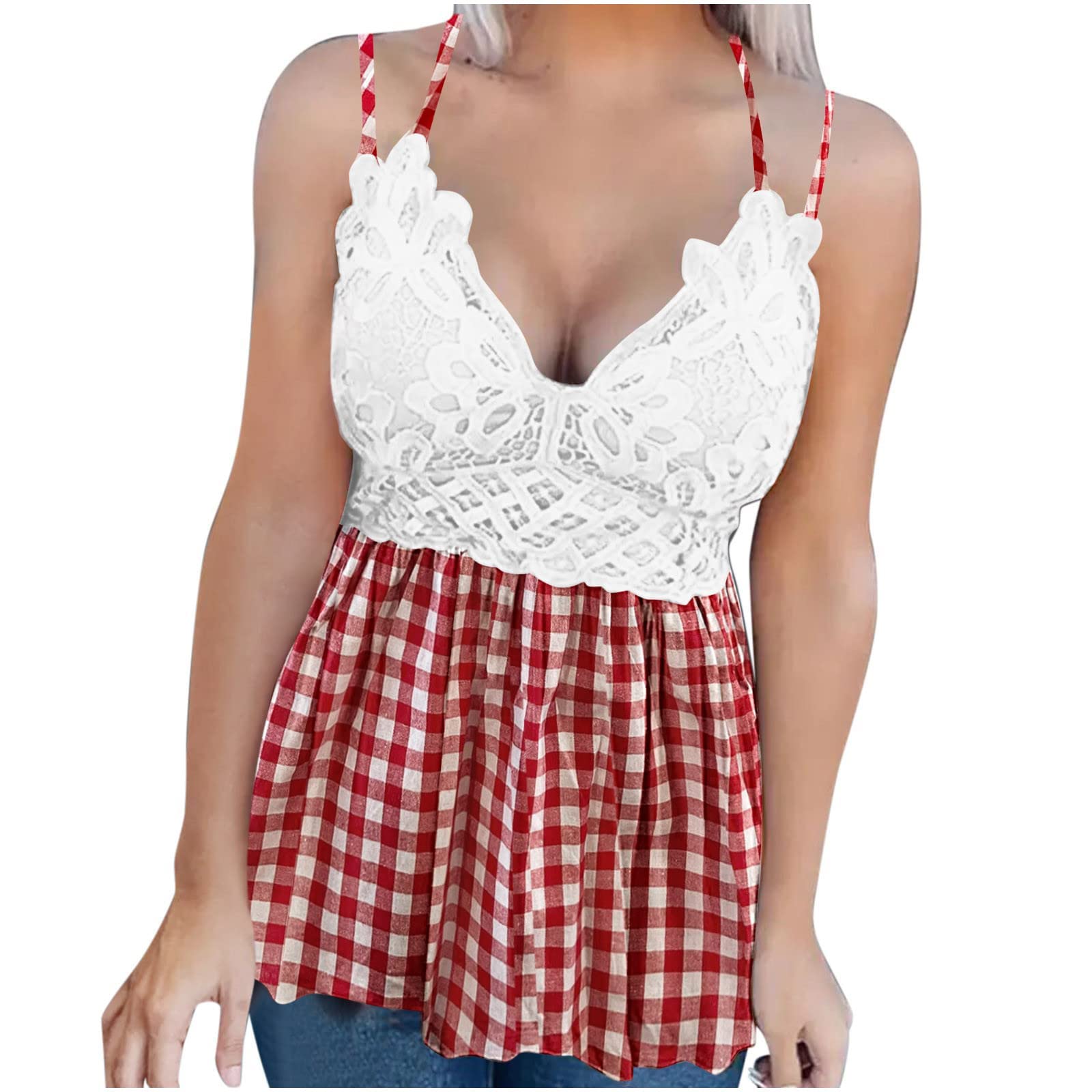 Women's Fashion Lace Patchwork Printed Vest Sleeveless Blouse with Suspenders - Casual Going Out Tops for Summer, Parties, and Date Nights