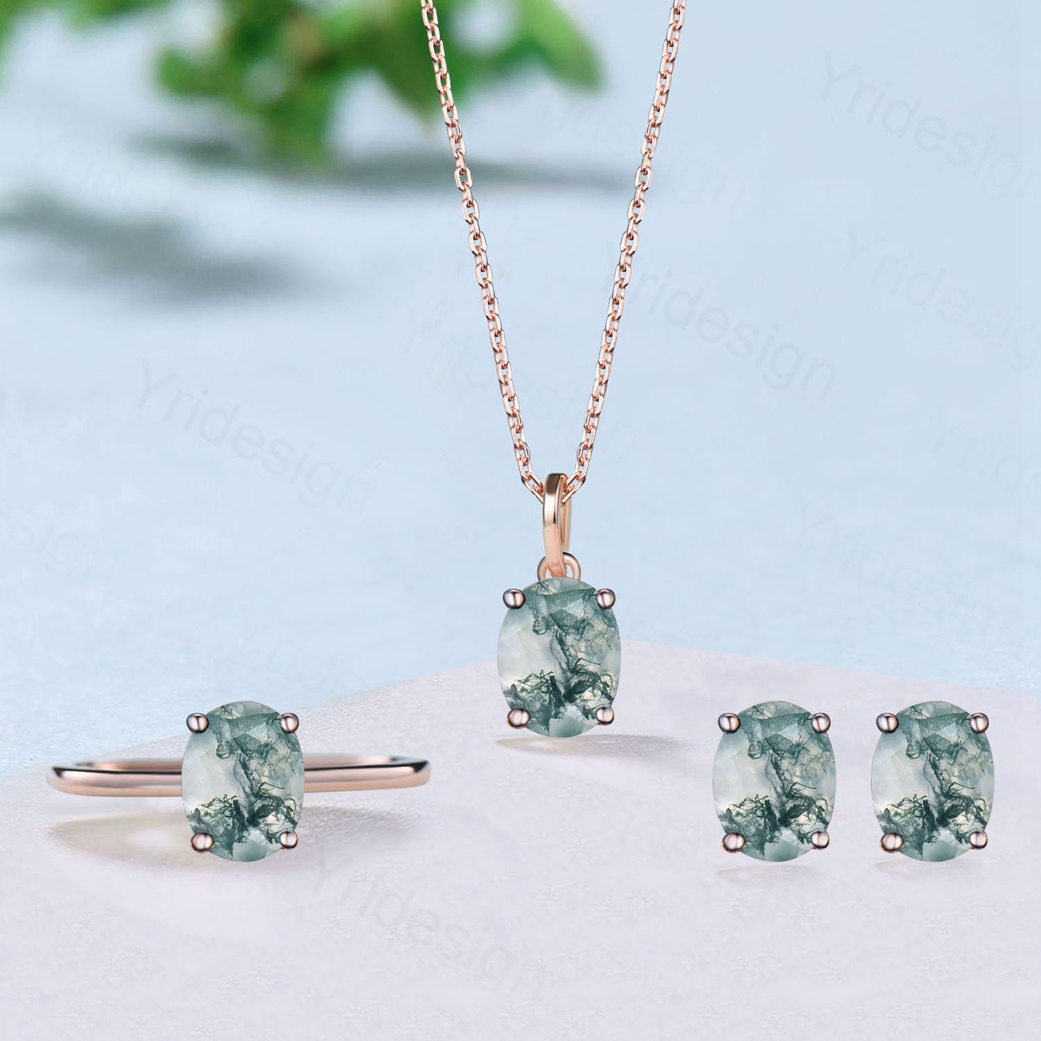 1.5CT Oval Moss Agate Wedding Set & Engagement Ring with Solitaire Moss Agate, Minimalist Green Agate Pendant Necklace & Rose Gold Earrings - Perfect for Bridal Jewelry, Anniversary Gifts & Boho Fashion Accessories