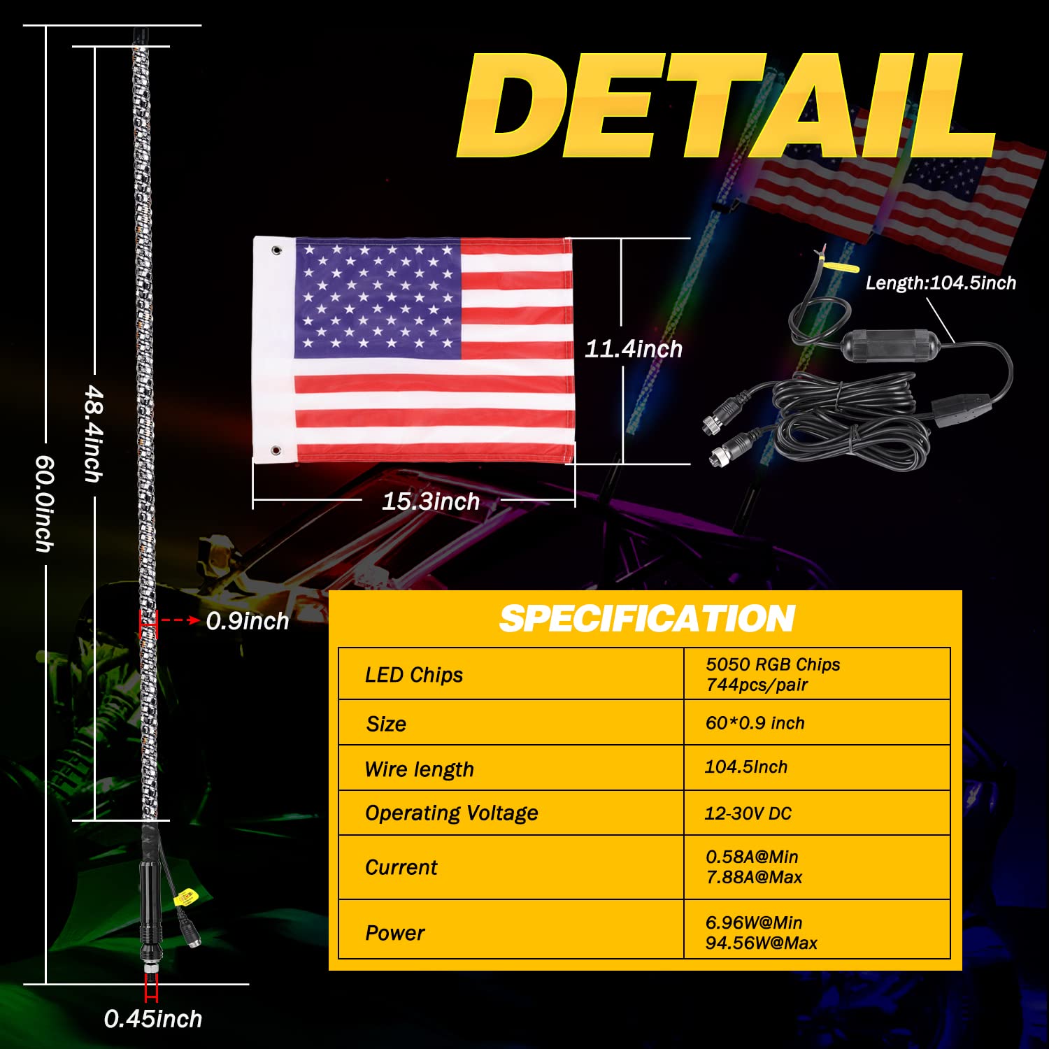 5FT RGB LED Whip Lights (2-Pack) - 360° Spiral Chasing/Dancing Lights with RF Remote | IP67 Waterproof | for Polaris RZR, Ranger, Can-Am X3, Truck & UTV/ATV Accessories | Perfect for Off-Roading, Night Rides, and Vehicle Customization