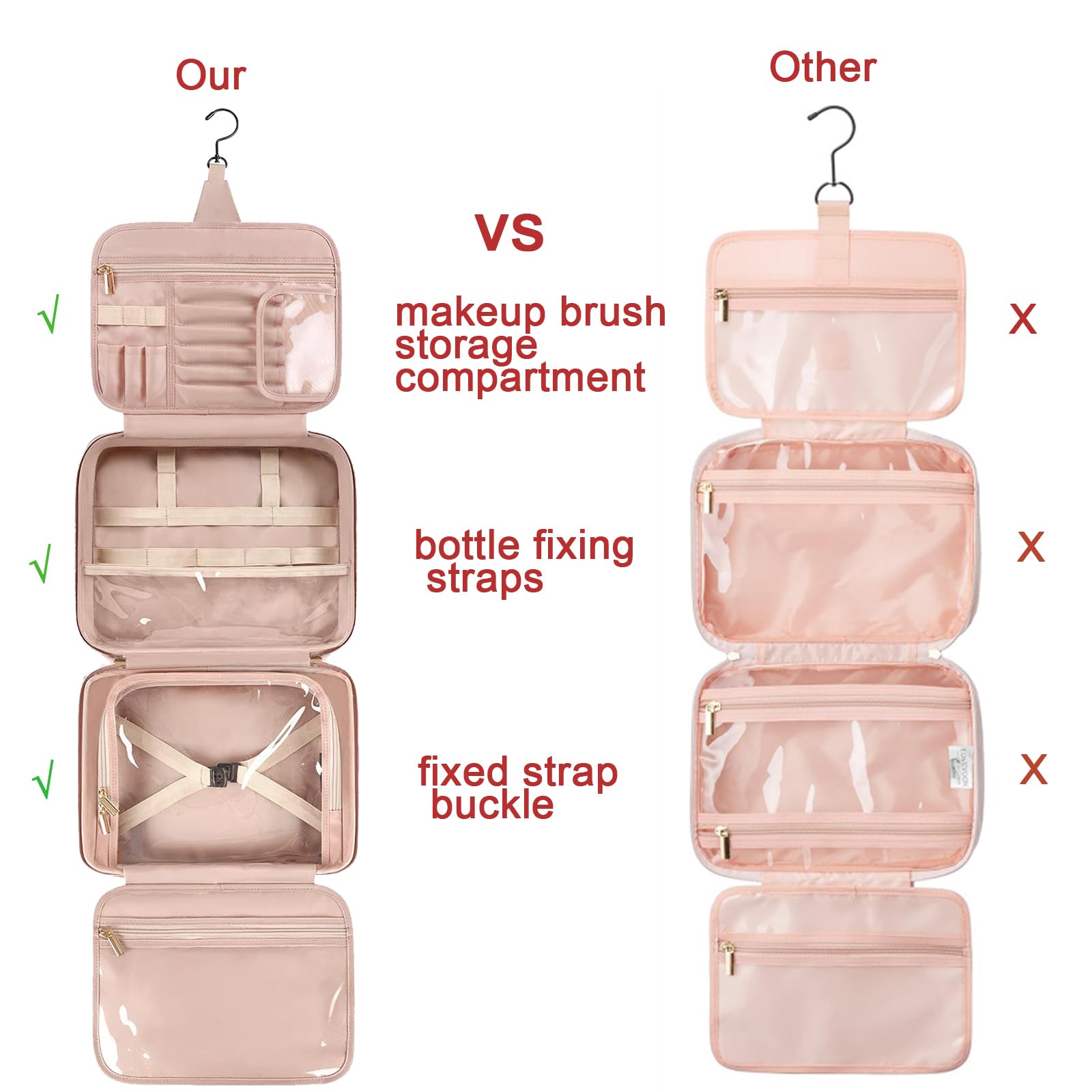 Waterproof Hanging Toiletry Bag for Women - Large Travel Makeup Organizer with Multiple Compartments, Foldable Cosmetic Bag (Pink) - Perfect for Travel, Gym, Camping & Daily Use
