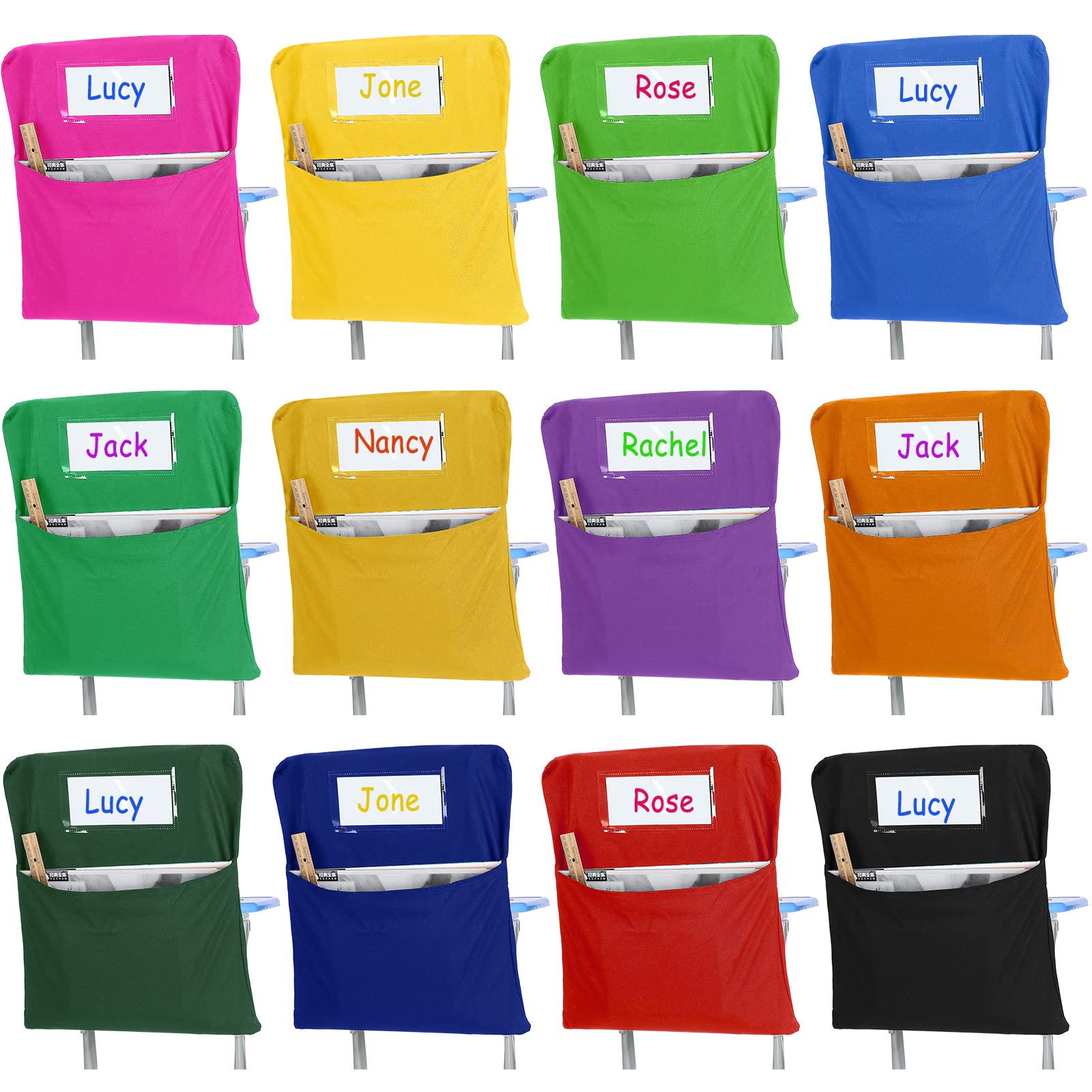 24 Pcs 17 Inch Classroom Chair Storage Pockets - Organizer Bags with Name Tags for Books, Supplies & School Essentials | Durable Mixed Colors for Students, Teachers & Homeschool Use (Perfect for Classroom Organization & Home Learning)