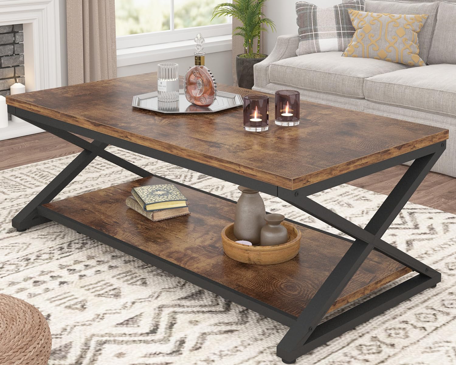 HSH Rustic Coffee Table with Storage Shelf - Industrial Metal & Wood Living Room Table - Farmhouse Minimalist Rectangle Center Table - Vintage 2-Tier Cocktail & Tea Table in Rustic Brown (47 Inch) - Perfect for Living Rooms, Dens & Home Offices