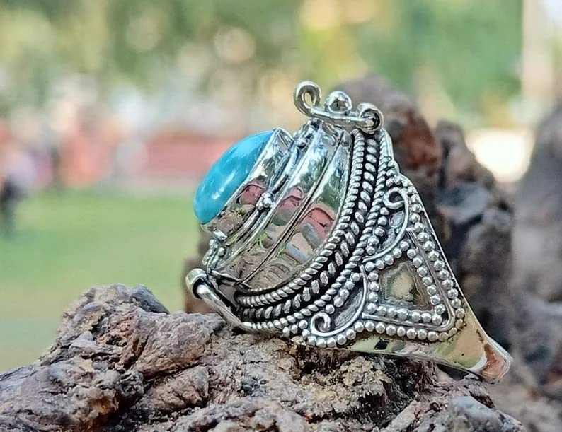 Larimar Gemstone Ring - 925 Sterling Silver Antique Poison Box Ring with Locket - Vintage Boho Style Jewelry - Pear Cut Dominican Republic Larimar - Perfect for Costume Parties, Gothic Fashion & Unique Gift Giving