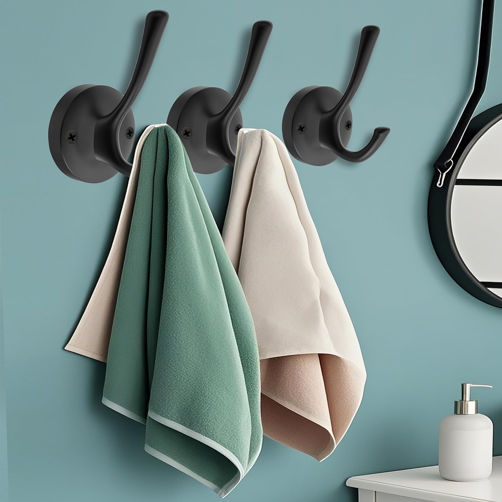 Black Heavy Duty Metal Wall Hooks - 3 Pack Double Coat & Towel Hooks for Bathroom, Kitchen, Entryway, Closet & Garage - Perfect for Hanging Robes, Towels, Coats & More