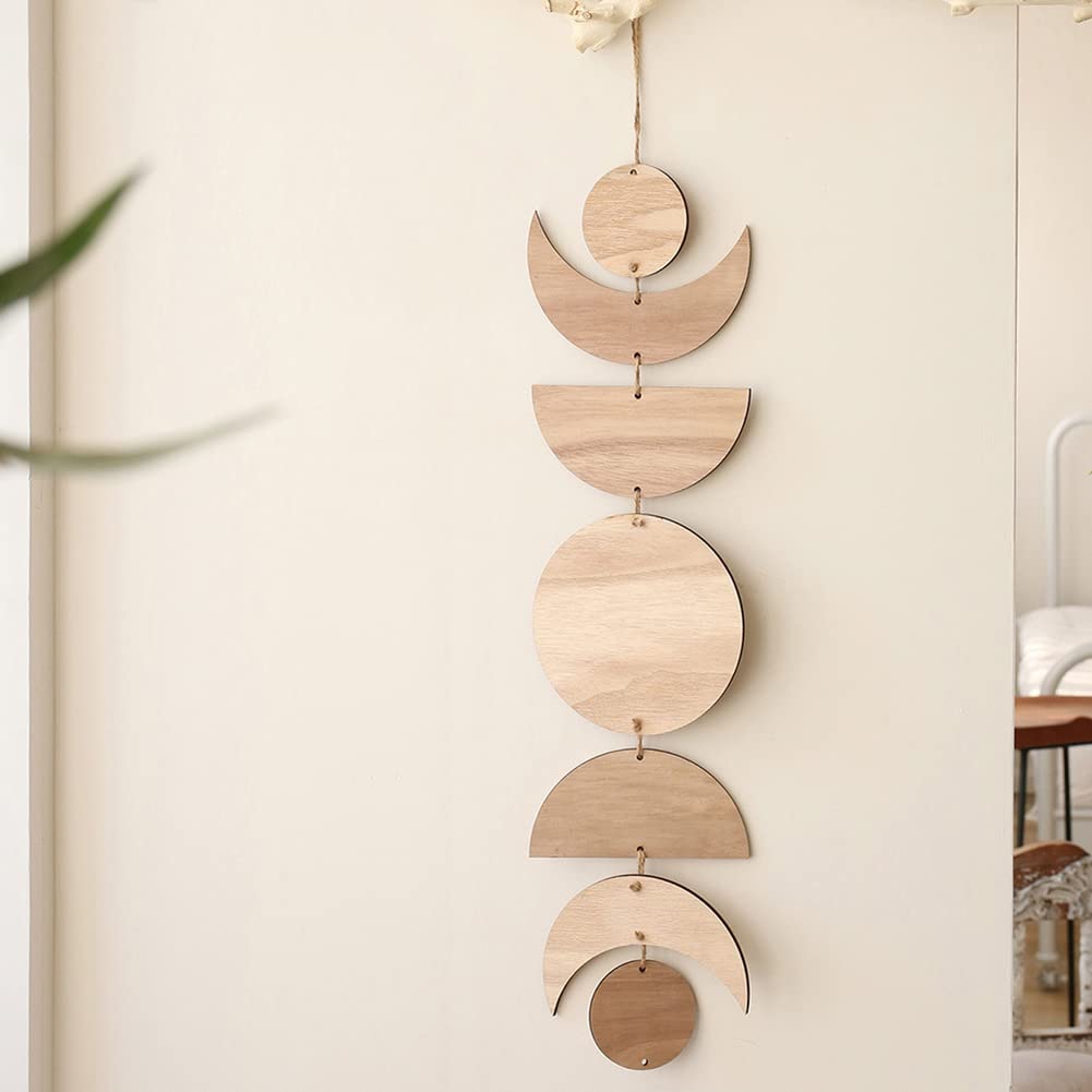 Bohemian Moon Phase Wall Art - Wooden Moon Cycle Decor for Bedroom, Living Room - Boho Wall Hanging for Halloween, Nursery, Yoga Studio & Meditation Space