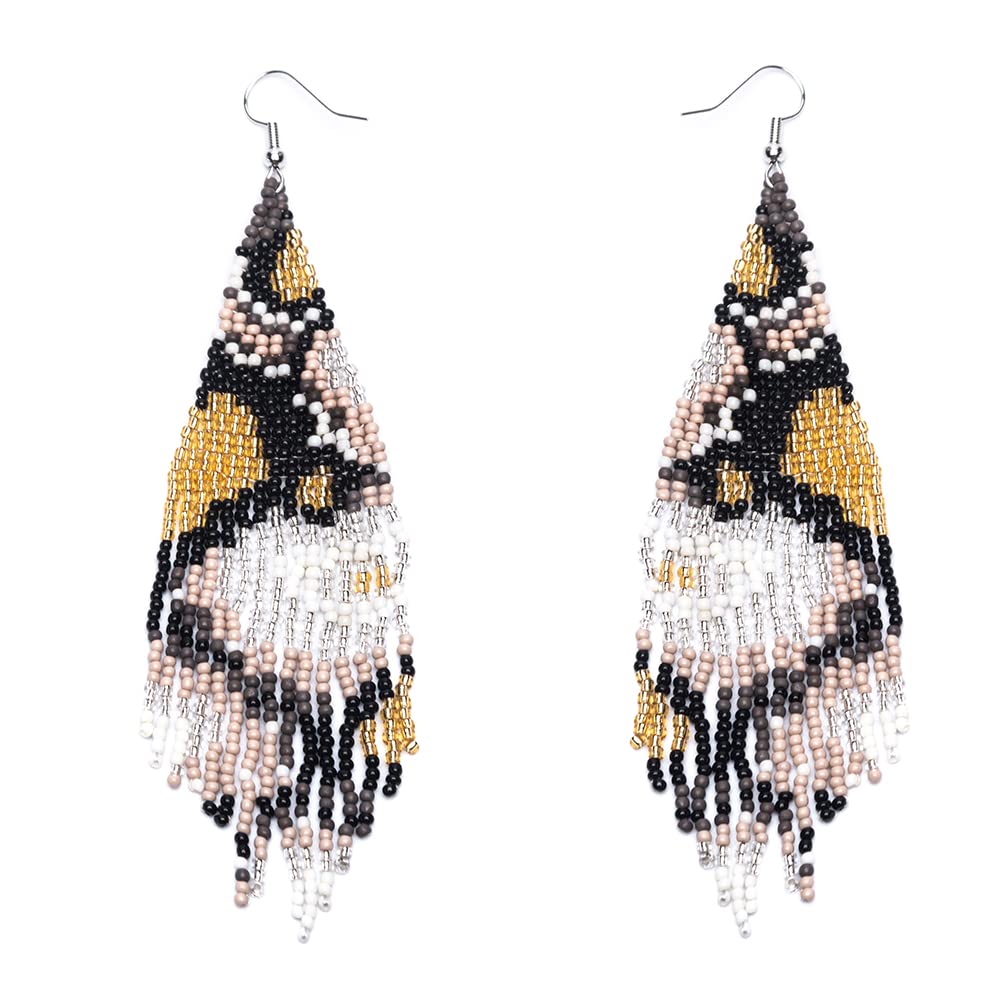 Samiyack Geometric Beaded Earrings – Long Bohemian Handmade Tribal Drop Earrings for Women | Statement Boho Seed Bead Fringe Dangle Earrings | Perfect for Festivals, Weddings & Boho Fashion