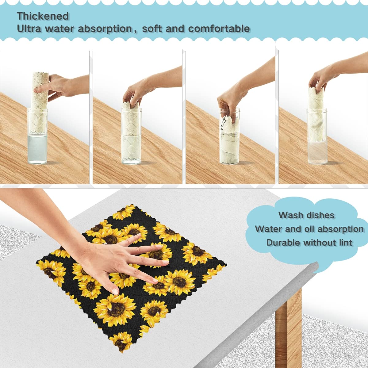 DOMIKING Black Sunflower Reusable Kitchen Towels Set of 6 - Super Absorbent Dish Cloths & Hand Towels for Kitchen, Laundry Room | Eco-Friendly Cleaning, Drying Dishes, Wiping Countertops