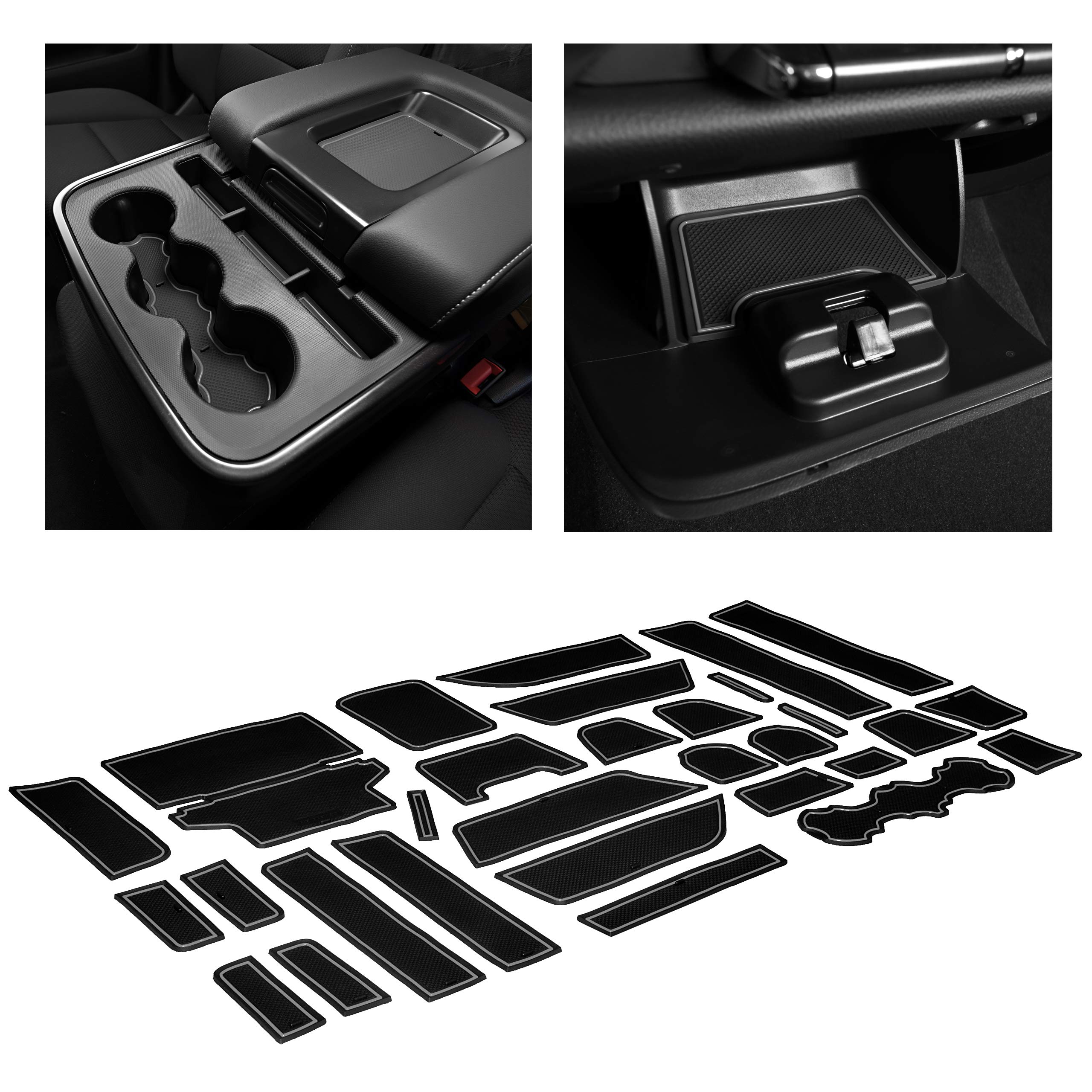 Premium Non-Slip Cup Holder Inserts & Console Liners for Chevy Silverado 1500 & GMC Sierra 2014-2022 - 33pc Custom Fit Interior Accessories Set (Crew Cab with Bench Seats, Gray Trim) - Anti-Dust Protection for Coffee, Drinks & Daily Commute