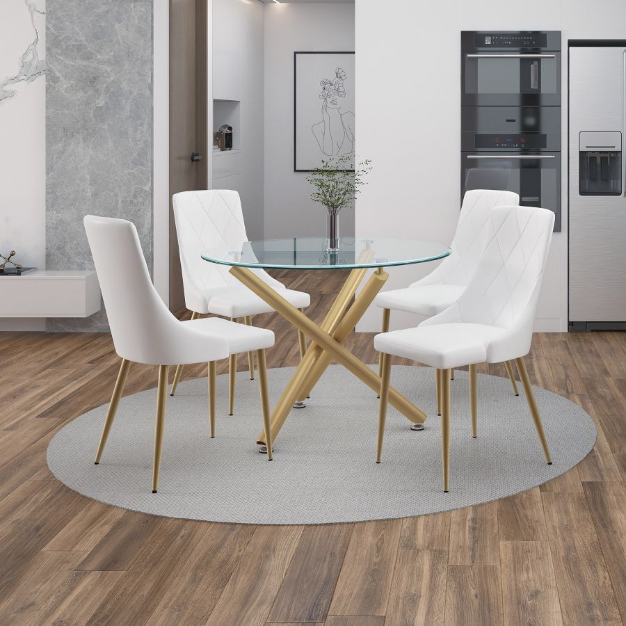 Carmilla/Antoine 5-Piece Dining Set - Aged Gold Finish with White Upholstered Chairs - Perfect for Kitchen, Dining Room & Small Space Entertaining