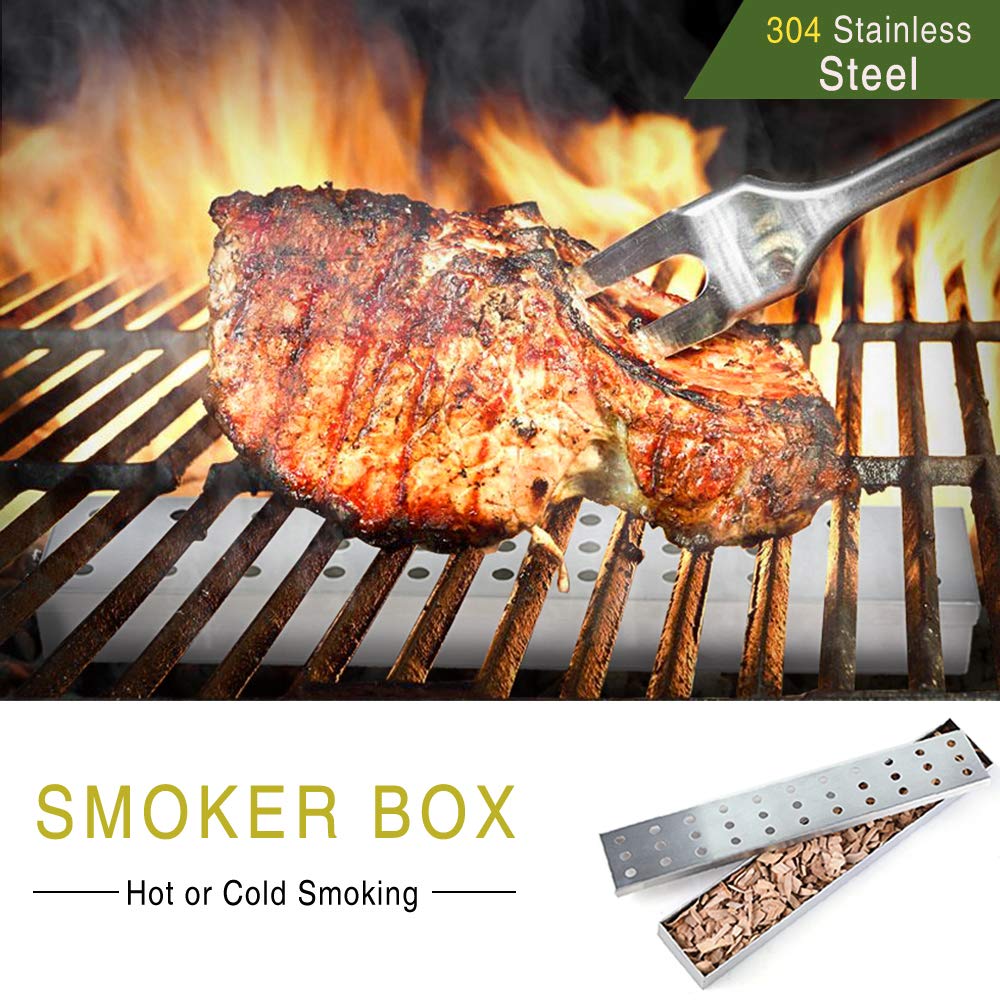 Lightique Stainless Steel BBQ Smoker Box for Gas & Charcoal Grills - Reusable Wood Chip Smoker Box with Lid (13